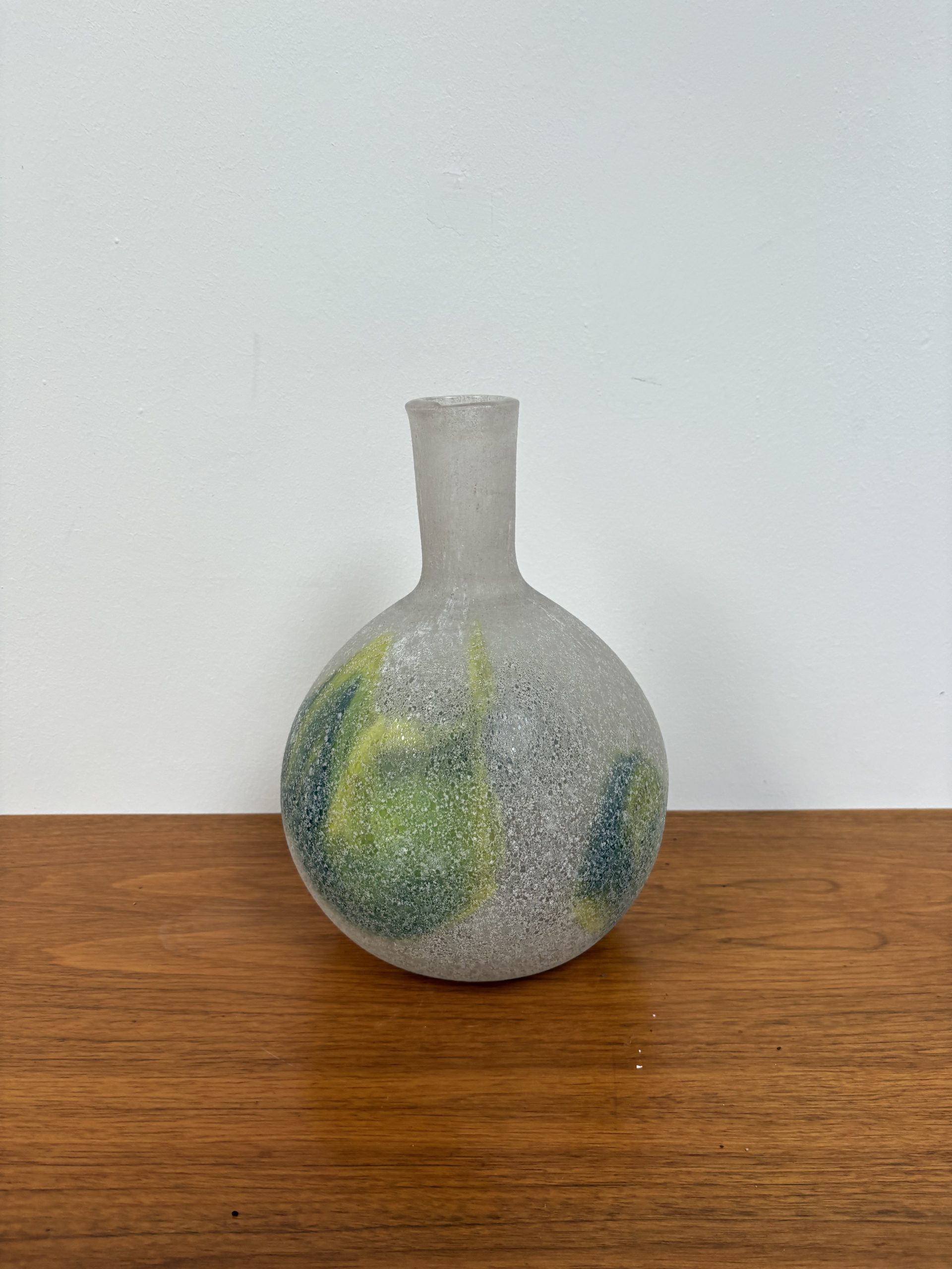 Murano-Stil Vase Kugelform Eisglas Ätzglas Grün-Grau Vintage