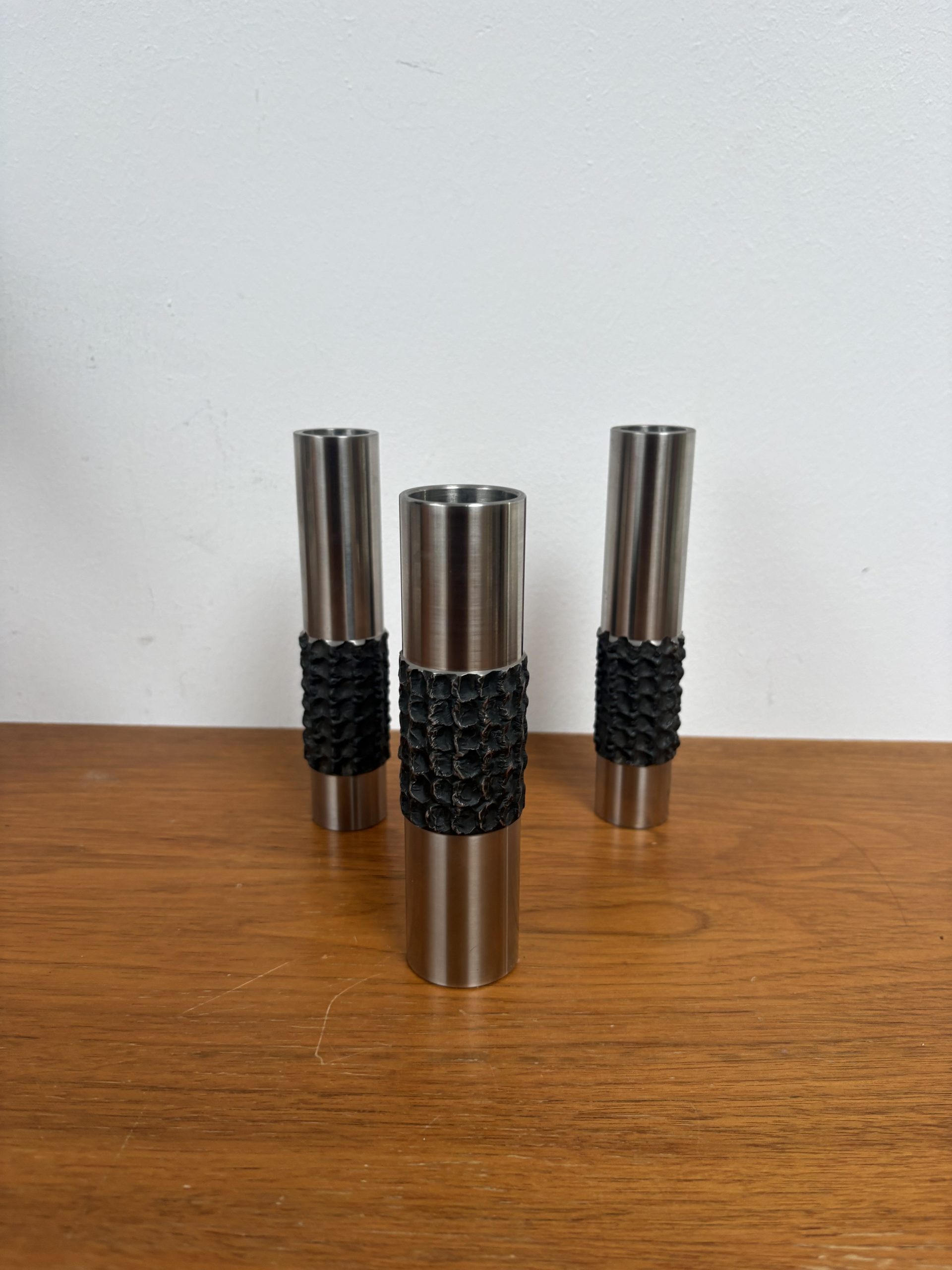 Brutalist Vasen Set 3-tlg. Edelstahl Zylinder 70er Vintage