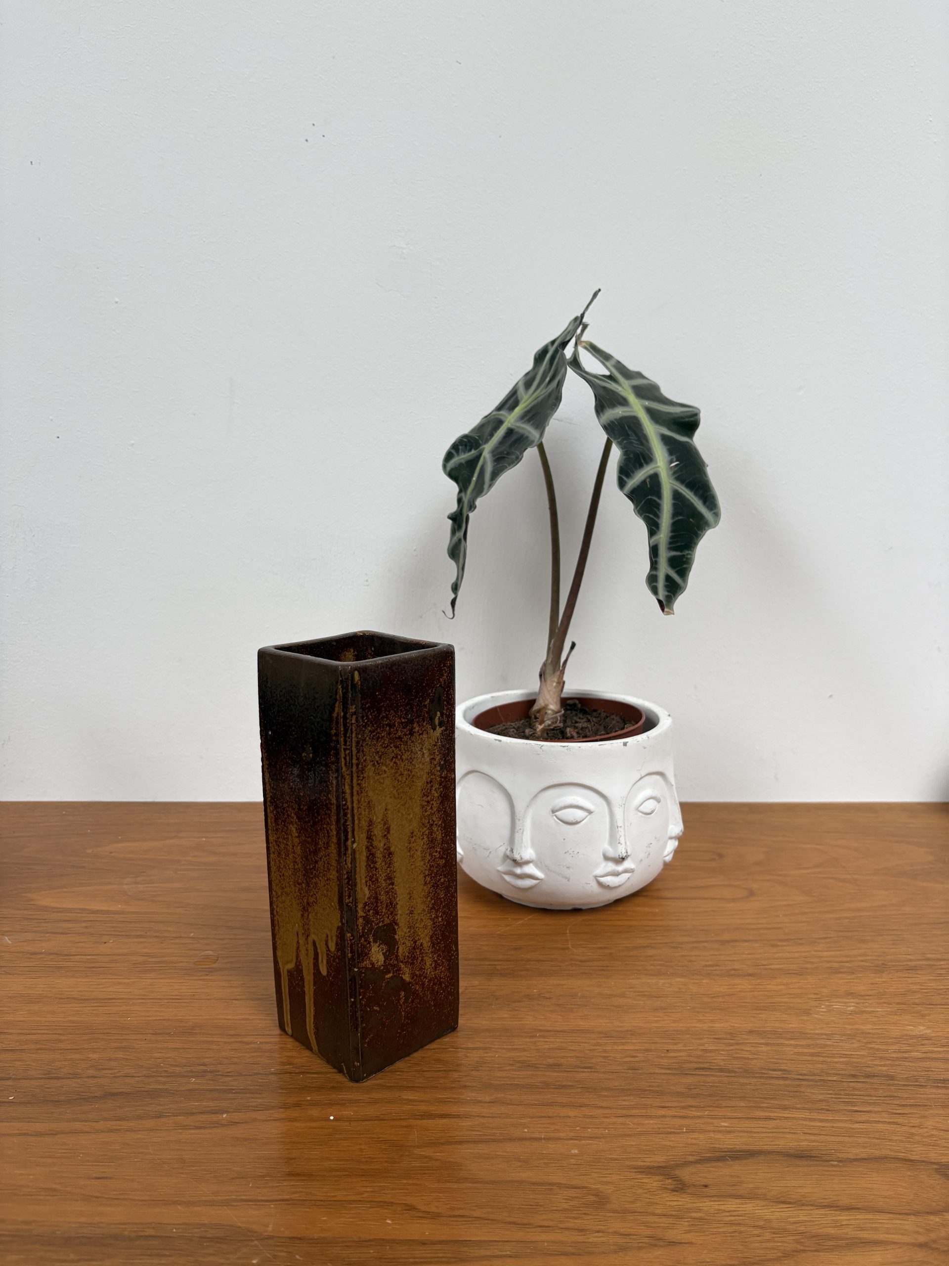 Keramik Vase eckig braun-goldene Laufglasur Studio-Keramik Vintage