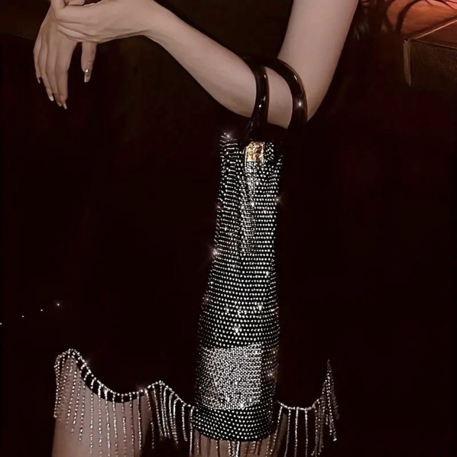 Rhinestone Mesh Y2K Fashion Wine Carry Bag Marble Handles Black Party Gift