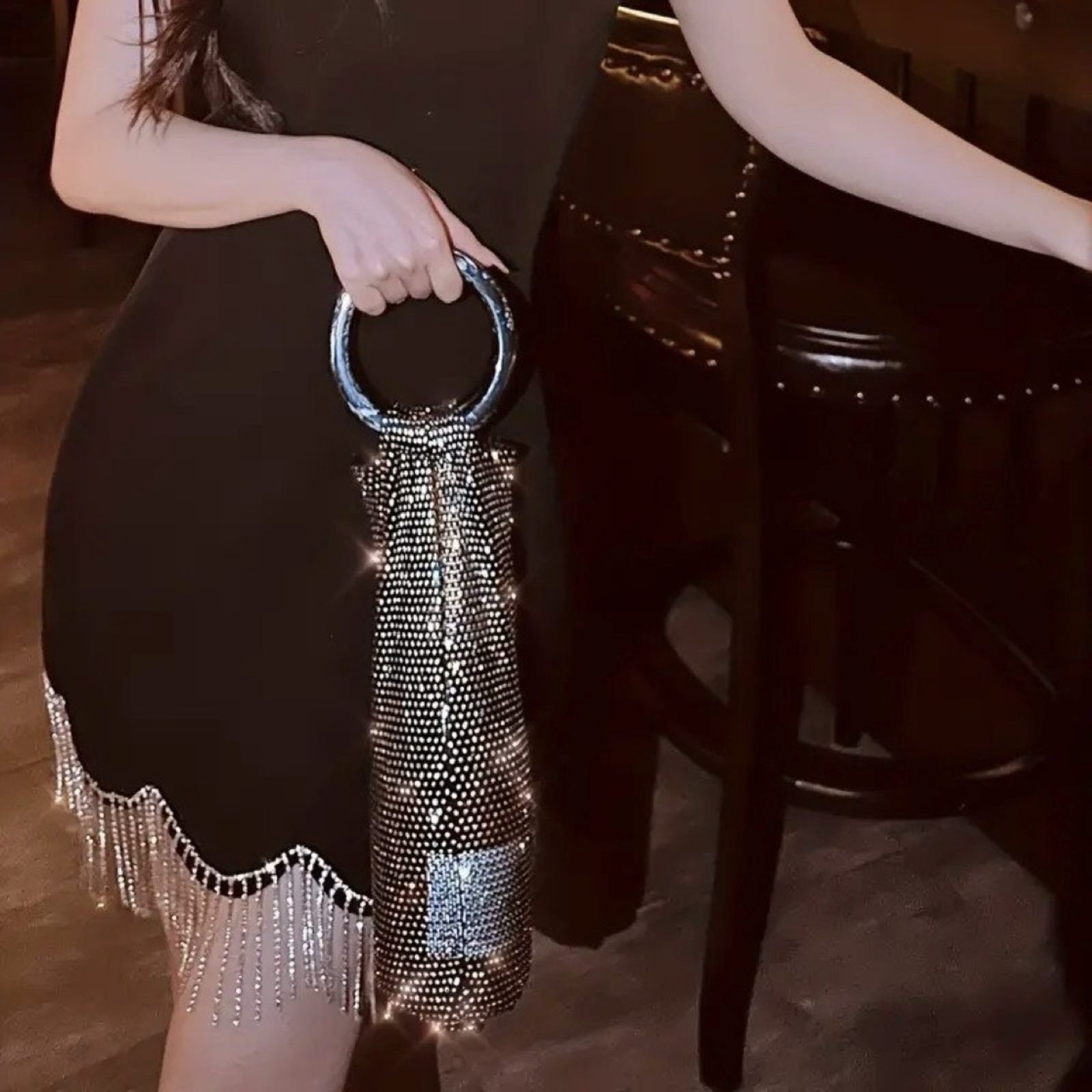 Rhinestone Mesh Y2K Fashion Wine Carry Bag Marble Handles Black Party Gift image 2
