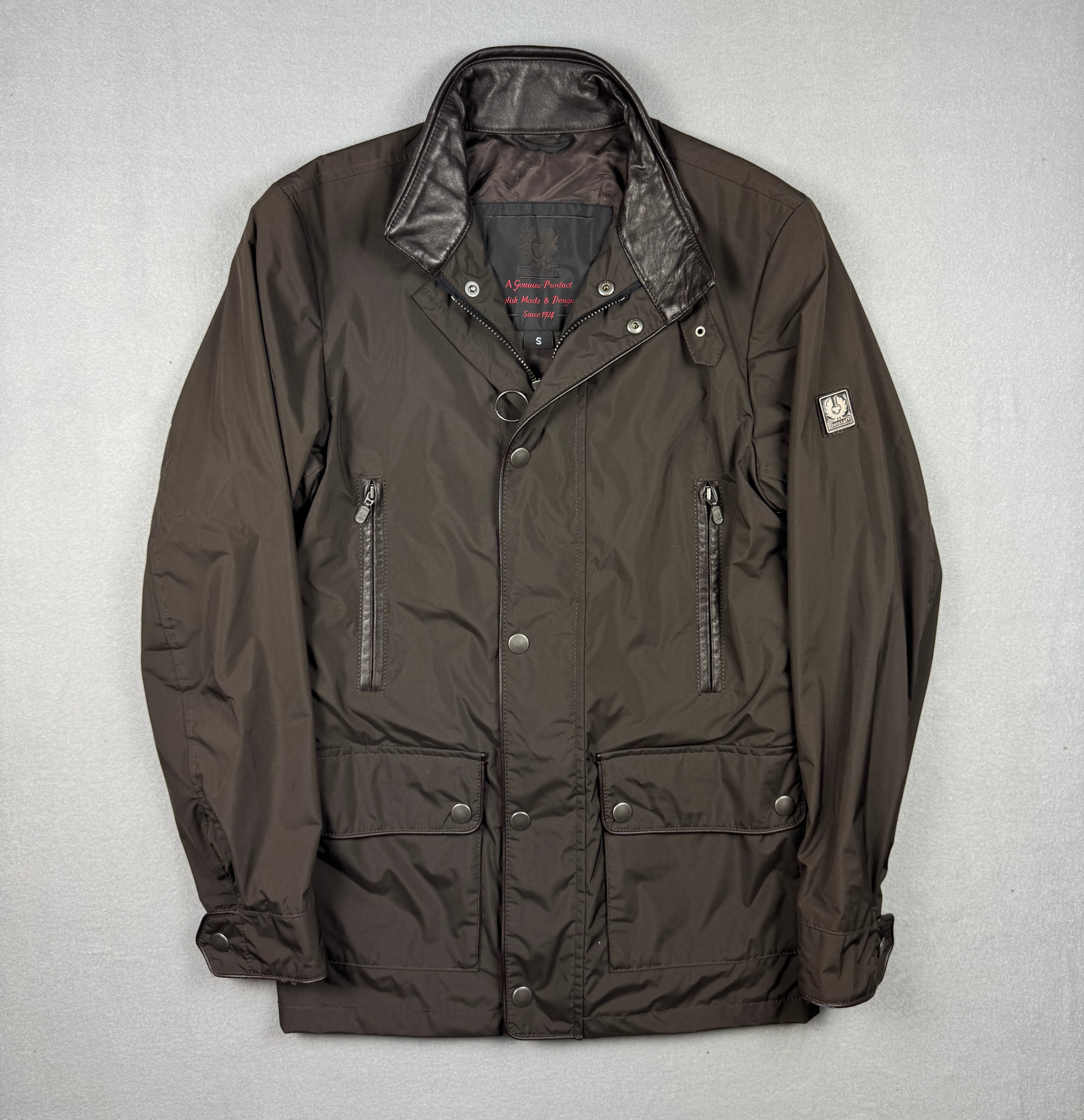 Men`s Belstaff Gold Label Brown Leather Collar Nylon Jacket Waterproof Size S-M