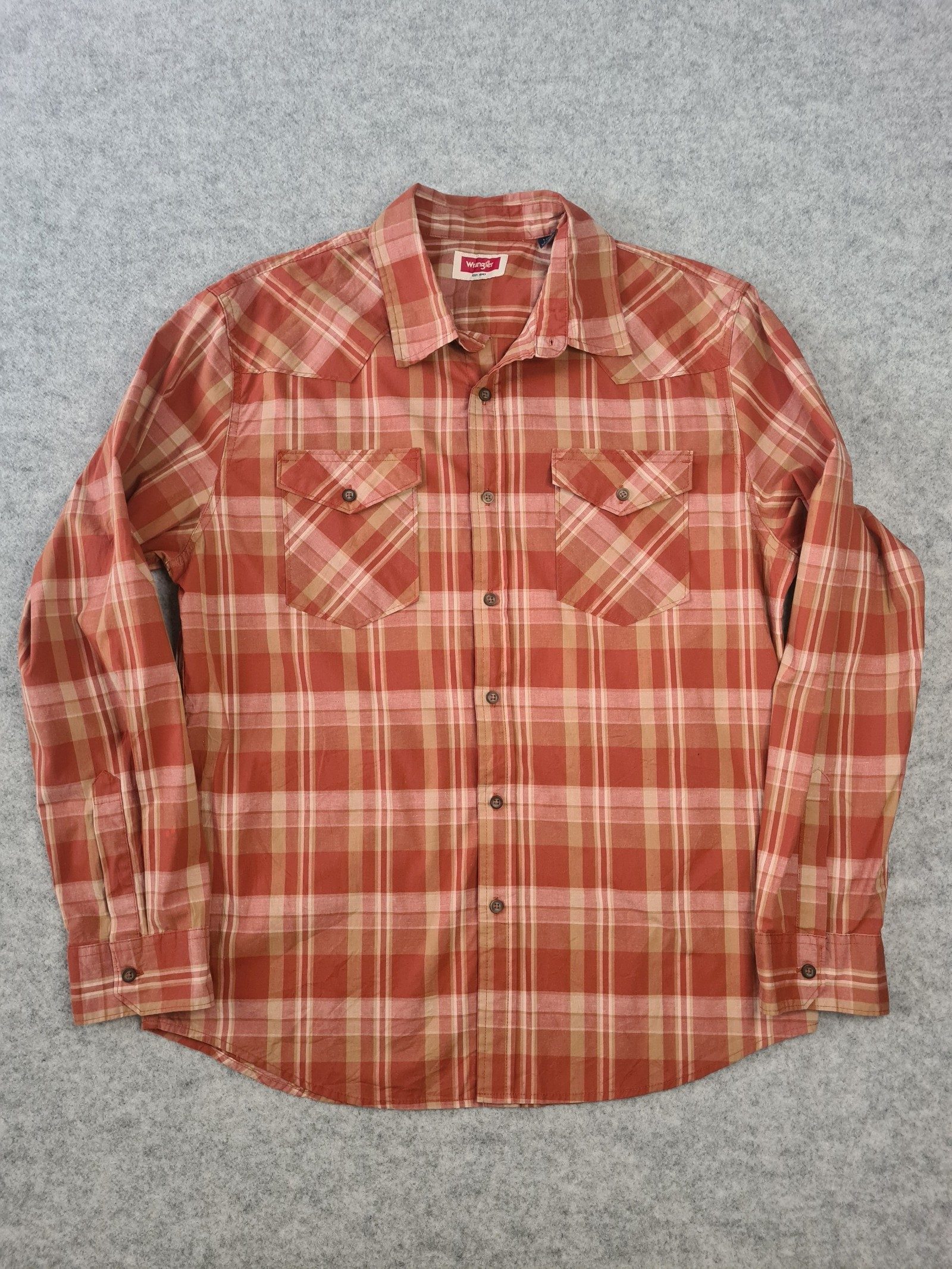 Wrangler Men’s Orange Beige Plaid Western Shirt Large 1129