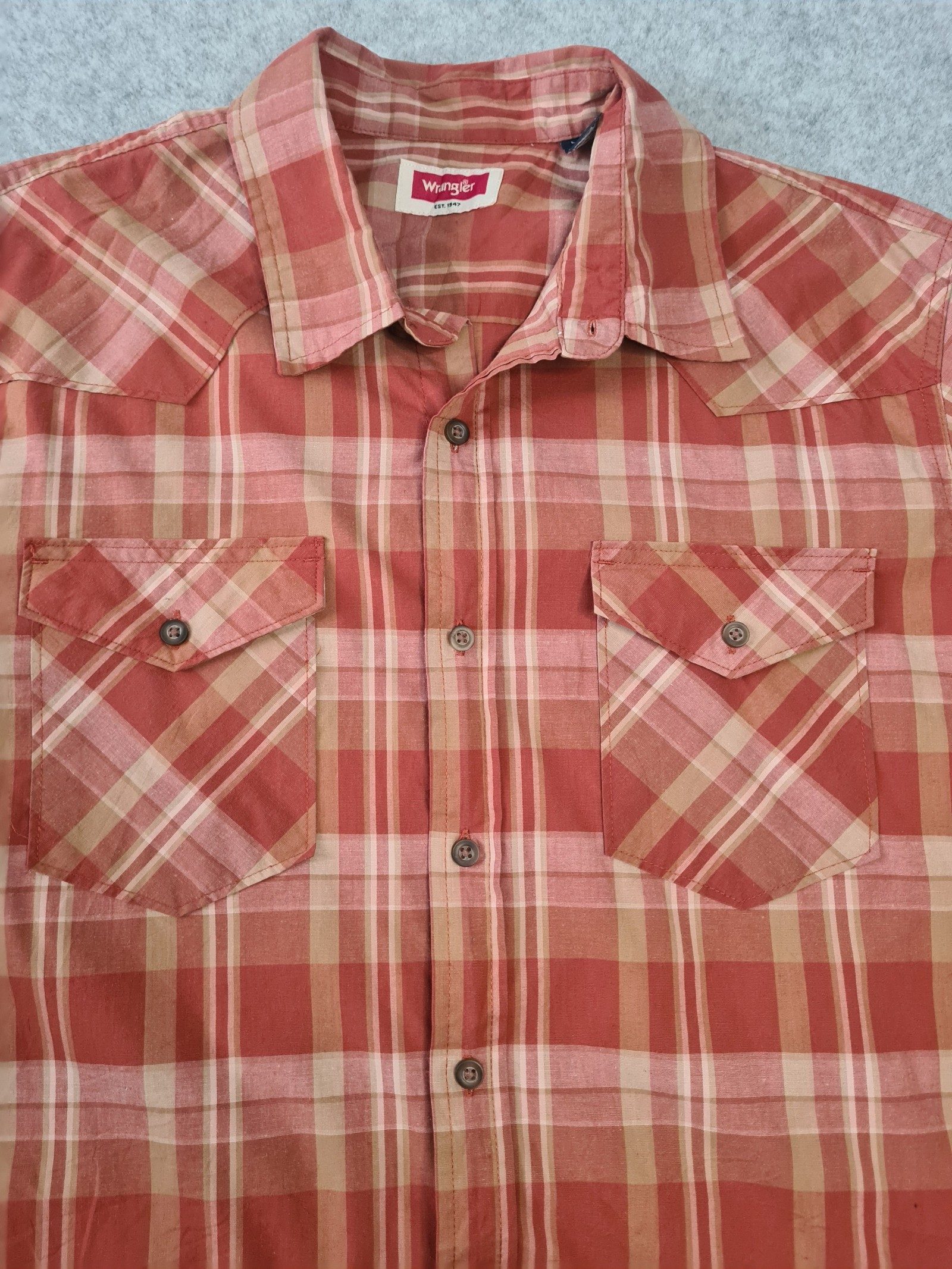 Wrangler Men’s Orange Beige Plaid Western Shirt Large 1129 image 4