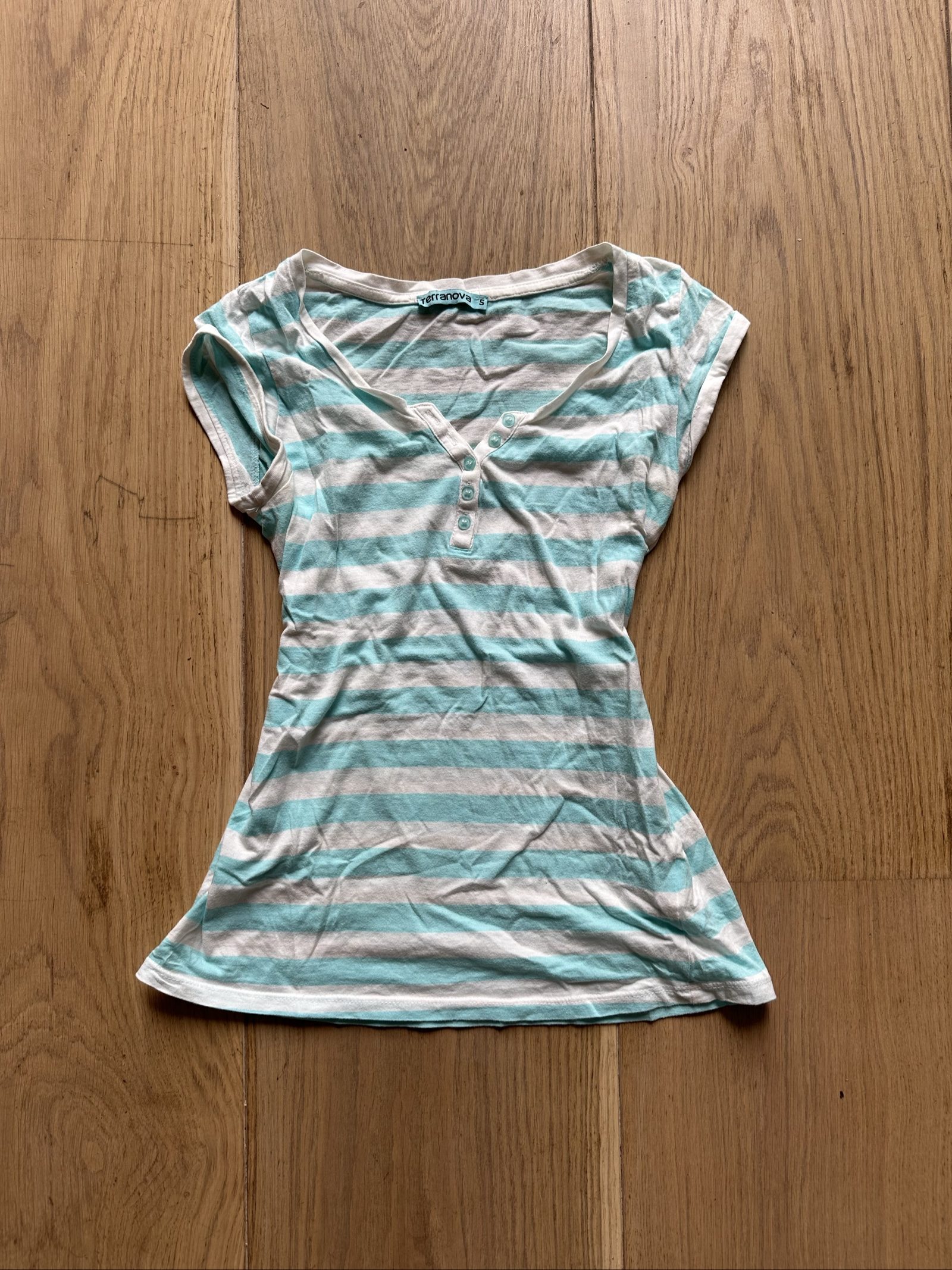 Terranova Women's Turquoise & White Striped T-Shirt Small