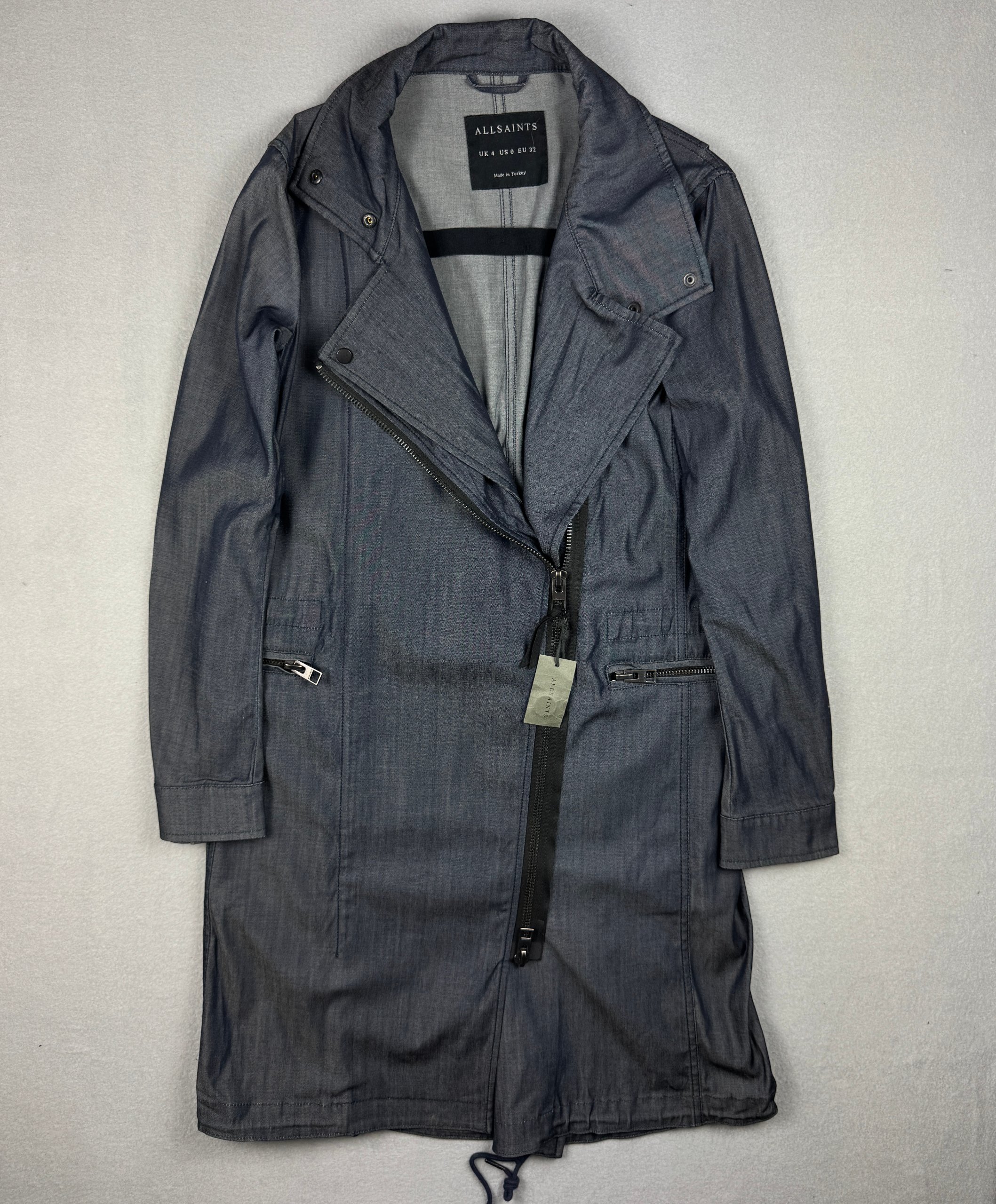 Women`s AllSaints Nia Parka Denum Blue Longline Trench Coat Size S
