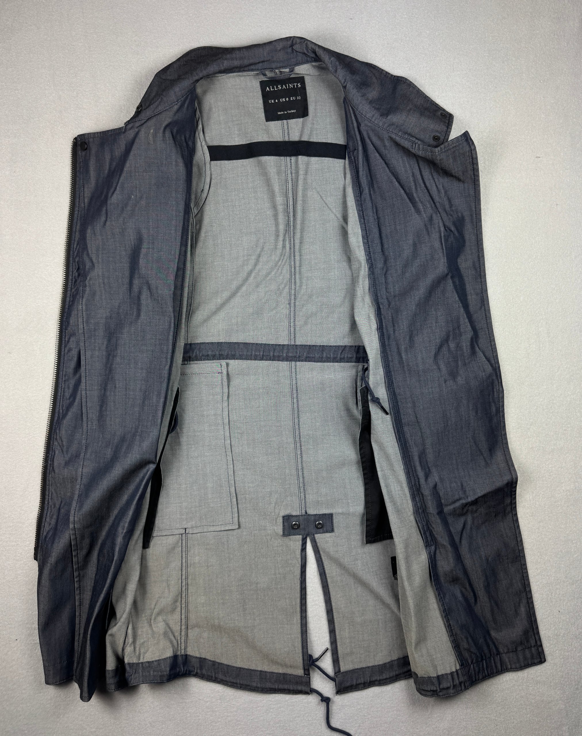 Women`s AllSaints Nia Parka Denum Blue Longline Trench Coat Size S image 3