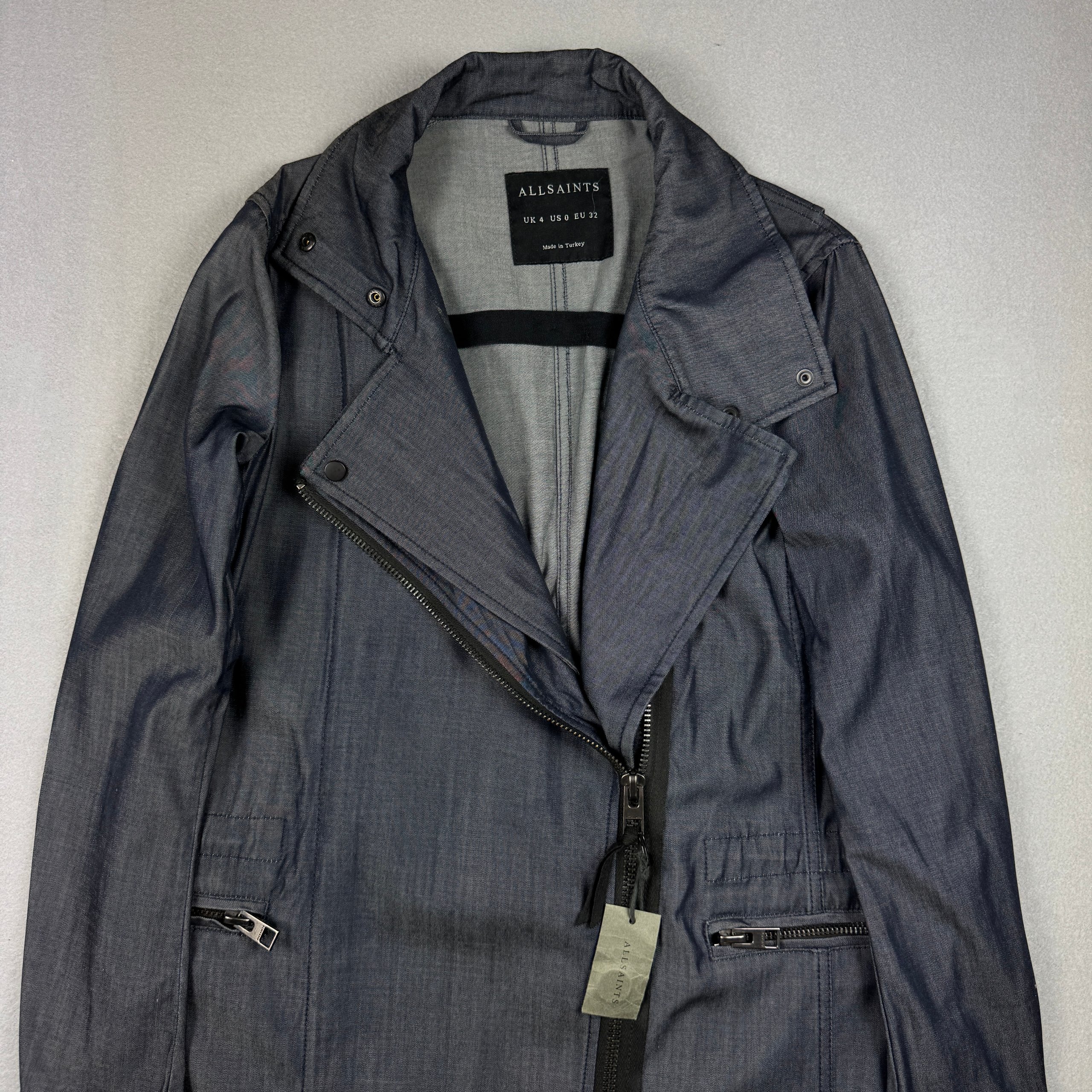 Women`s AllSaints Nia Parka Denum Blue Longline Trench Coat Size S image 4