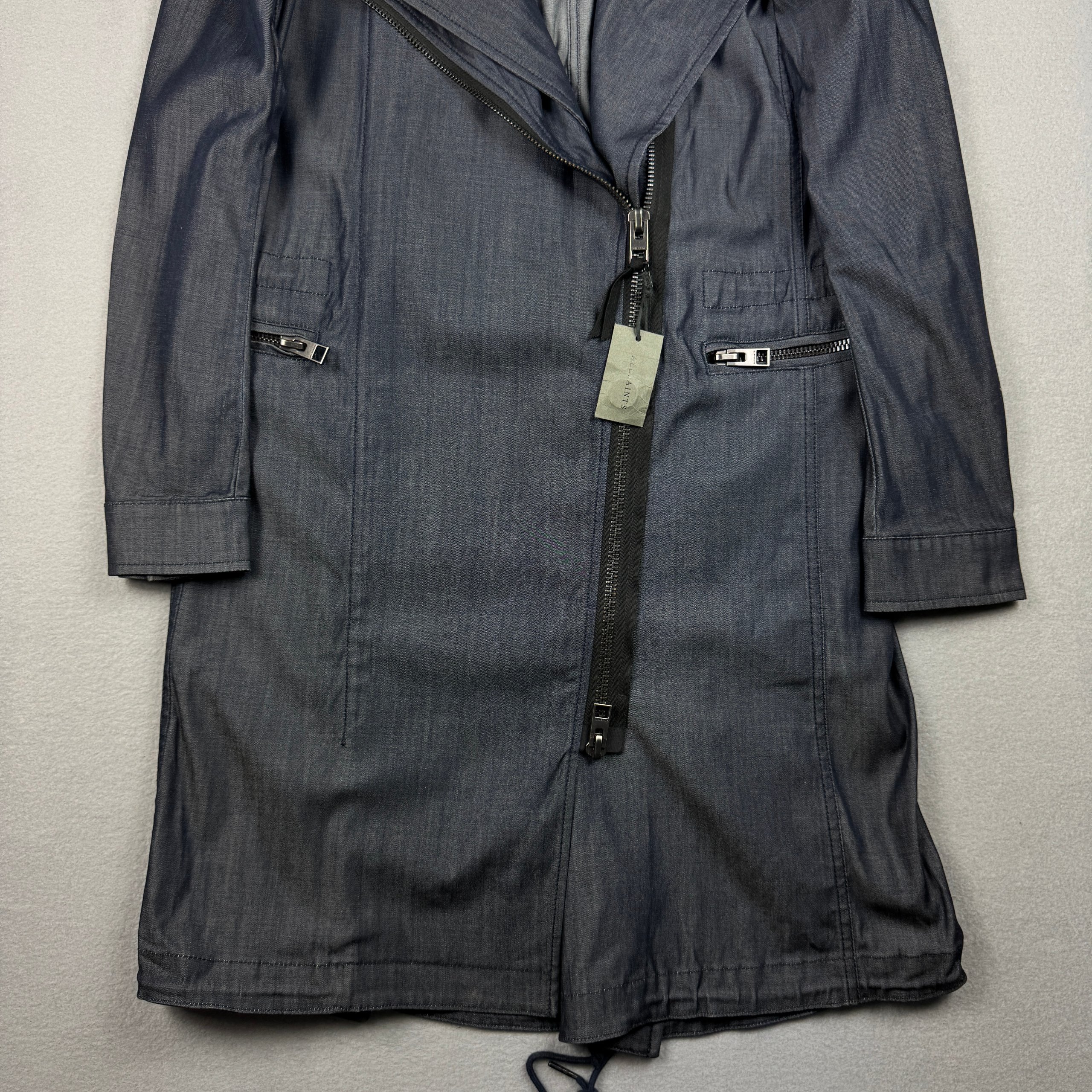 Women`s AllSaints Nia Parka Denum Blue Longline Trench Coat Size S image 5