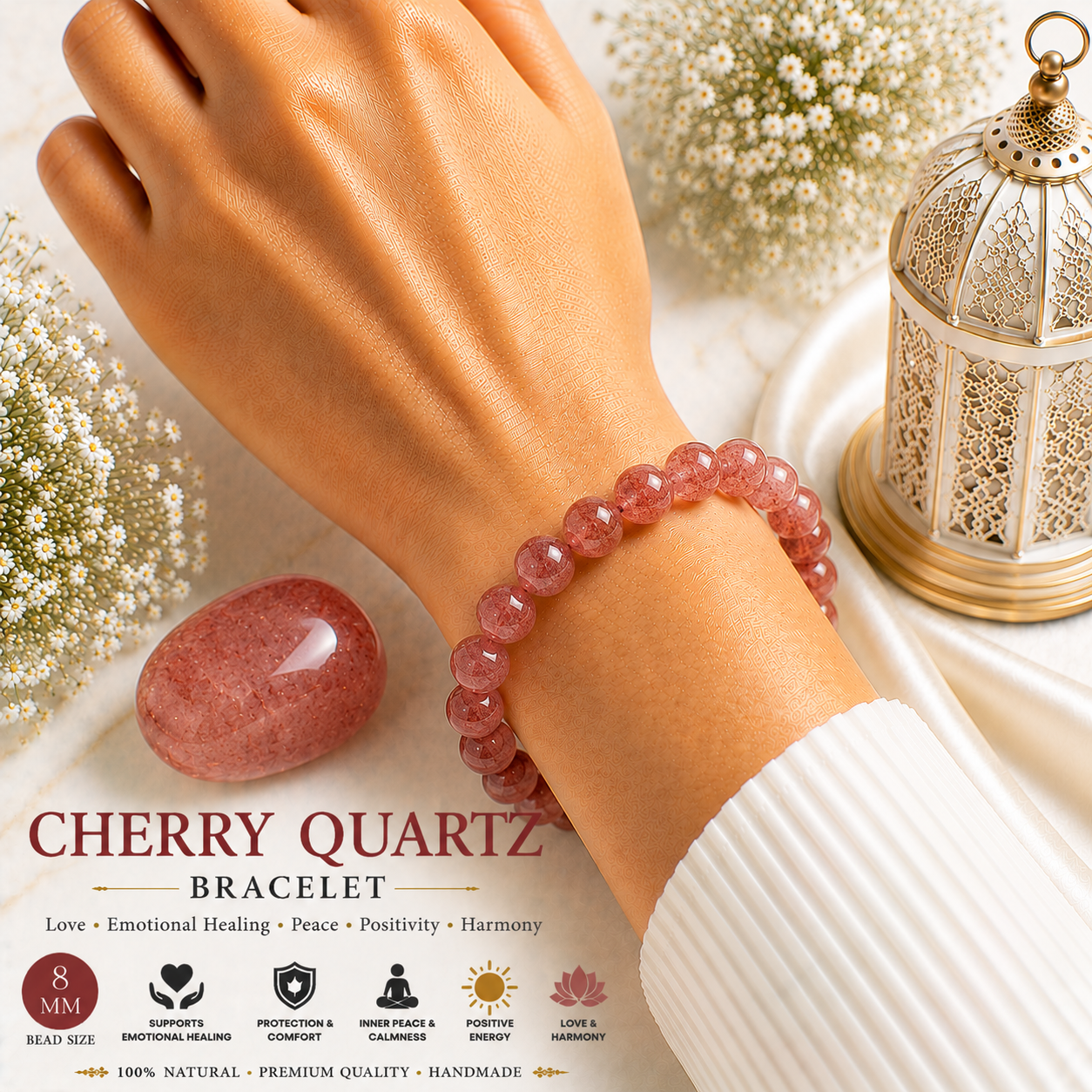 Cherry Quartz 8mm Gemstone Bead Bracelet, Lab Certified Red Crystal 7.5 Inch Stretchable Bracelet for Love, Confidence & Positive Energy