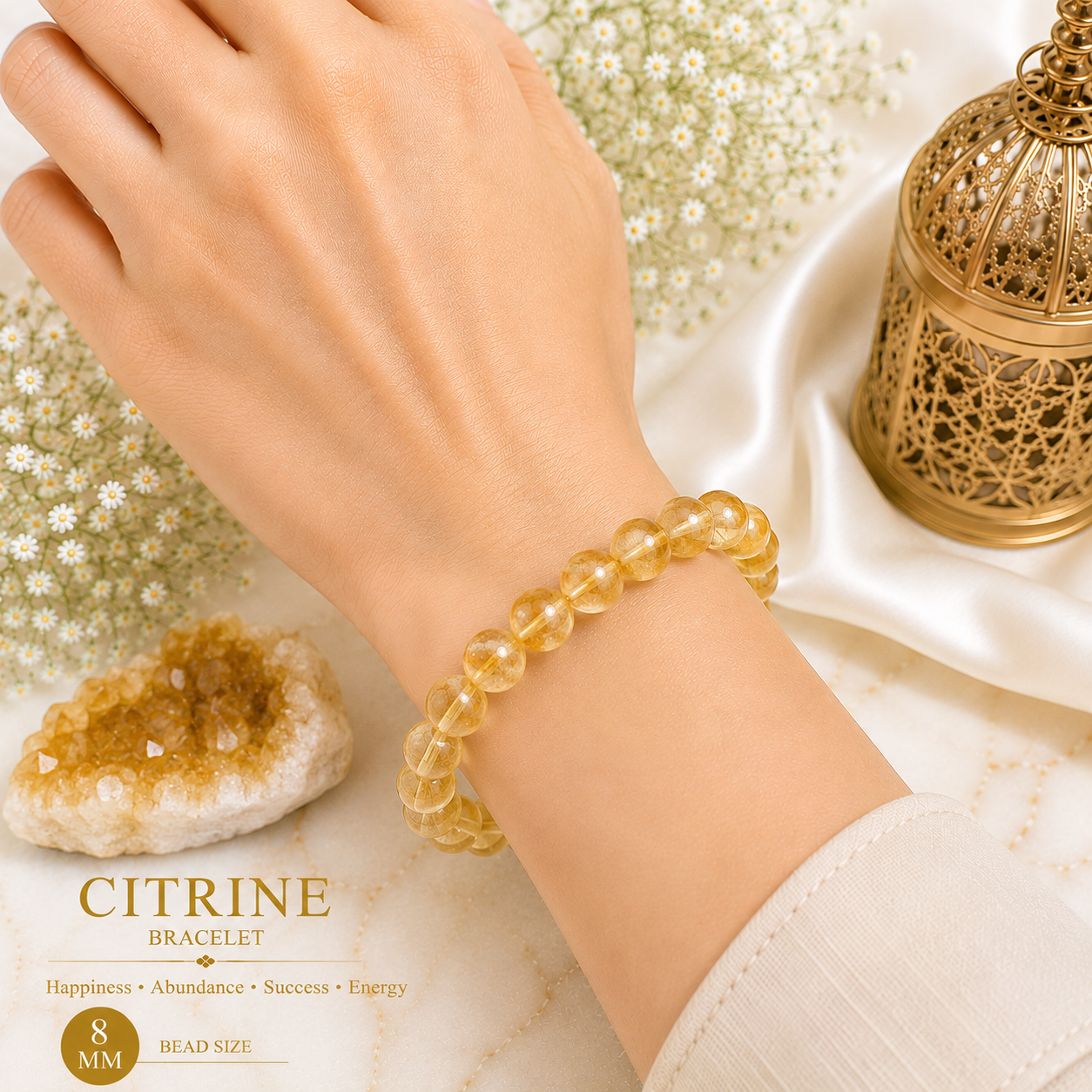 Citrine 8mm Gemstone Bead Bracelet, Lab Certified Natural Yellow Crystal 7.5 Inch Stretchable Bracelet for Abundance, Confidence & Positive Energy