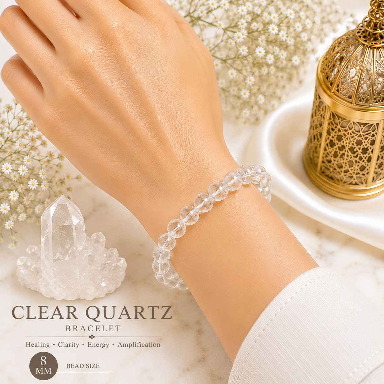 Clear Quartz 8mm Gemstone Bead Bracelet, Lab Certified Natural Crystal 7.5 Inch Stretchable Bracelet for Clarity, Balance & Positive Energy