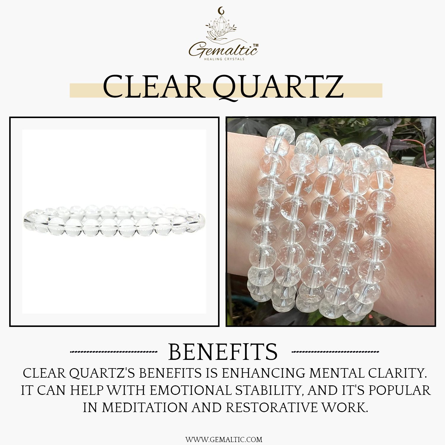 Clear Quartz 8mm Gemstone Bead Bracelet, Lab Certified Natural Crystal 7.5 Inch Stretchable Bracelet for Clarity, Balance & Positive Energy image 2