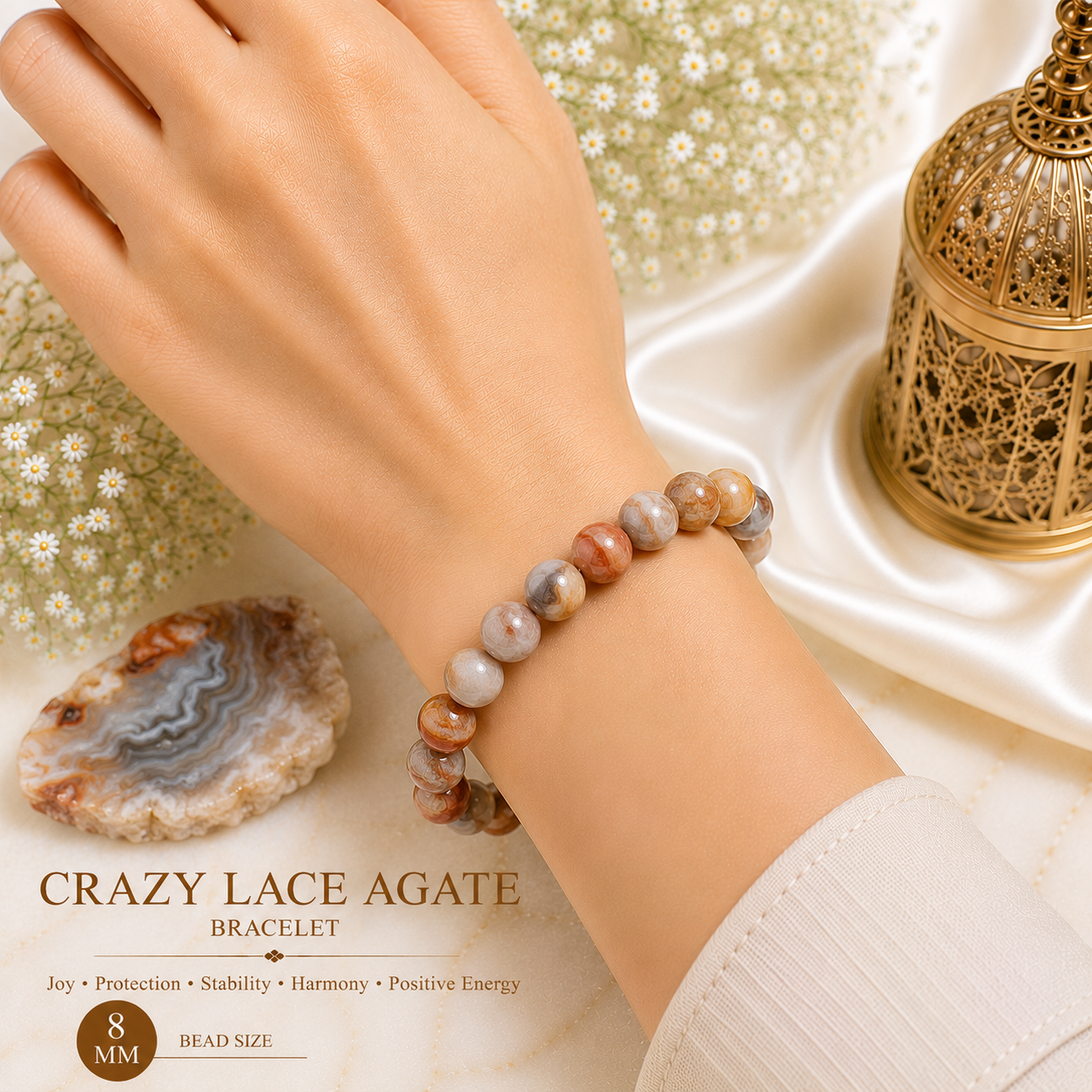 Crazy Lace Agate 8mm Gemstone Bead Bracelet, Lab Certified Natural Multicolour Crystal 7.5 Inch Stretchable Bracelet for Balance, Calm & Positive Energy