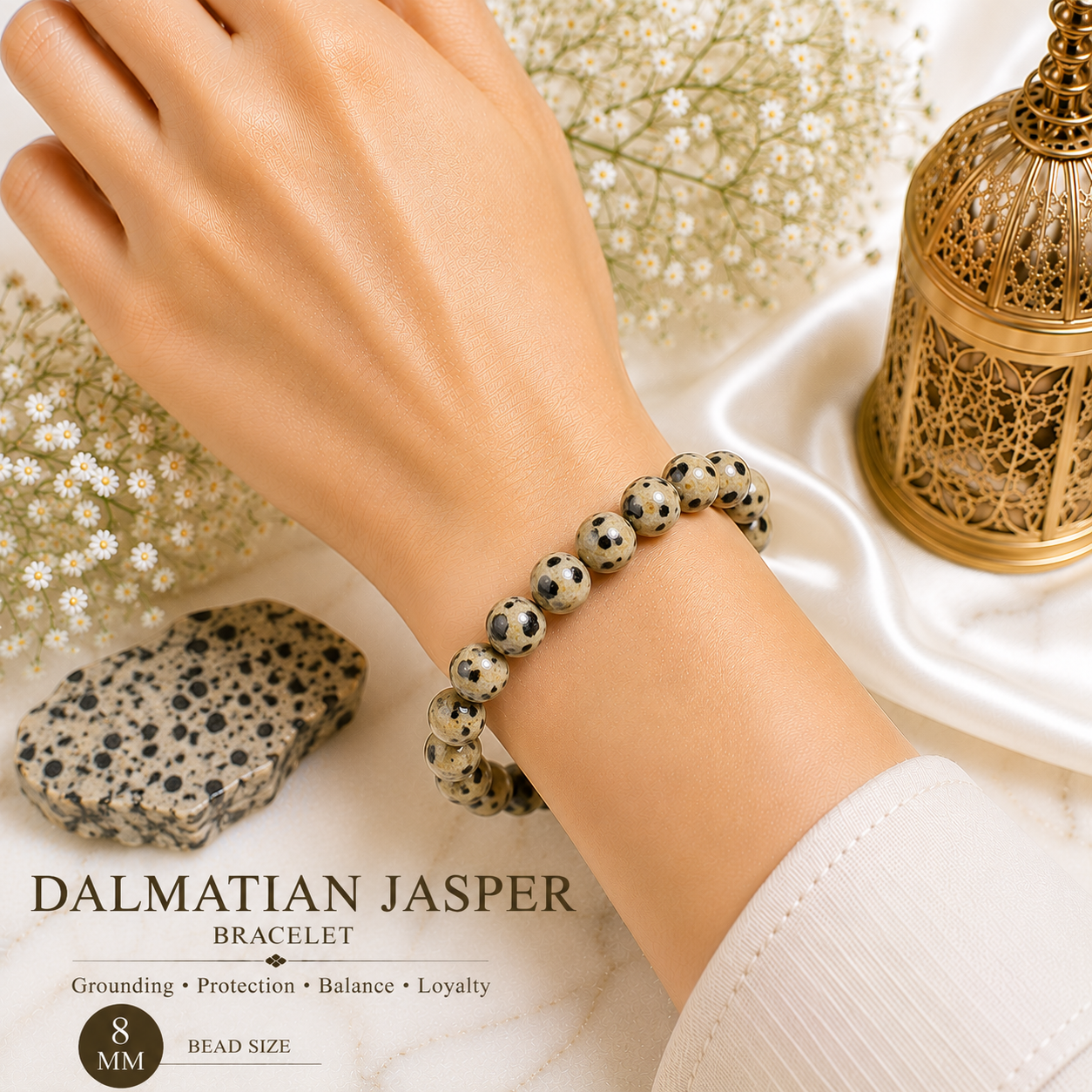 Dalmatian Jasper 8mm Gemstone Bead Bracelet, Lab Certified Natural Spotted Crystal 7.5 Inch Stretchable Bracelet for Balance, Joy & Grounding