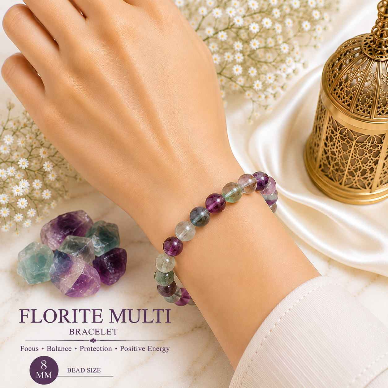 Multi Colour Fluorite 8mm Gemstone Bead Bracelet, Lab Certified Natural Crystal 7.5 Inch Stretchable Bracelet for Clarity, Balance & Focus