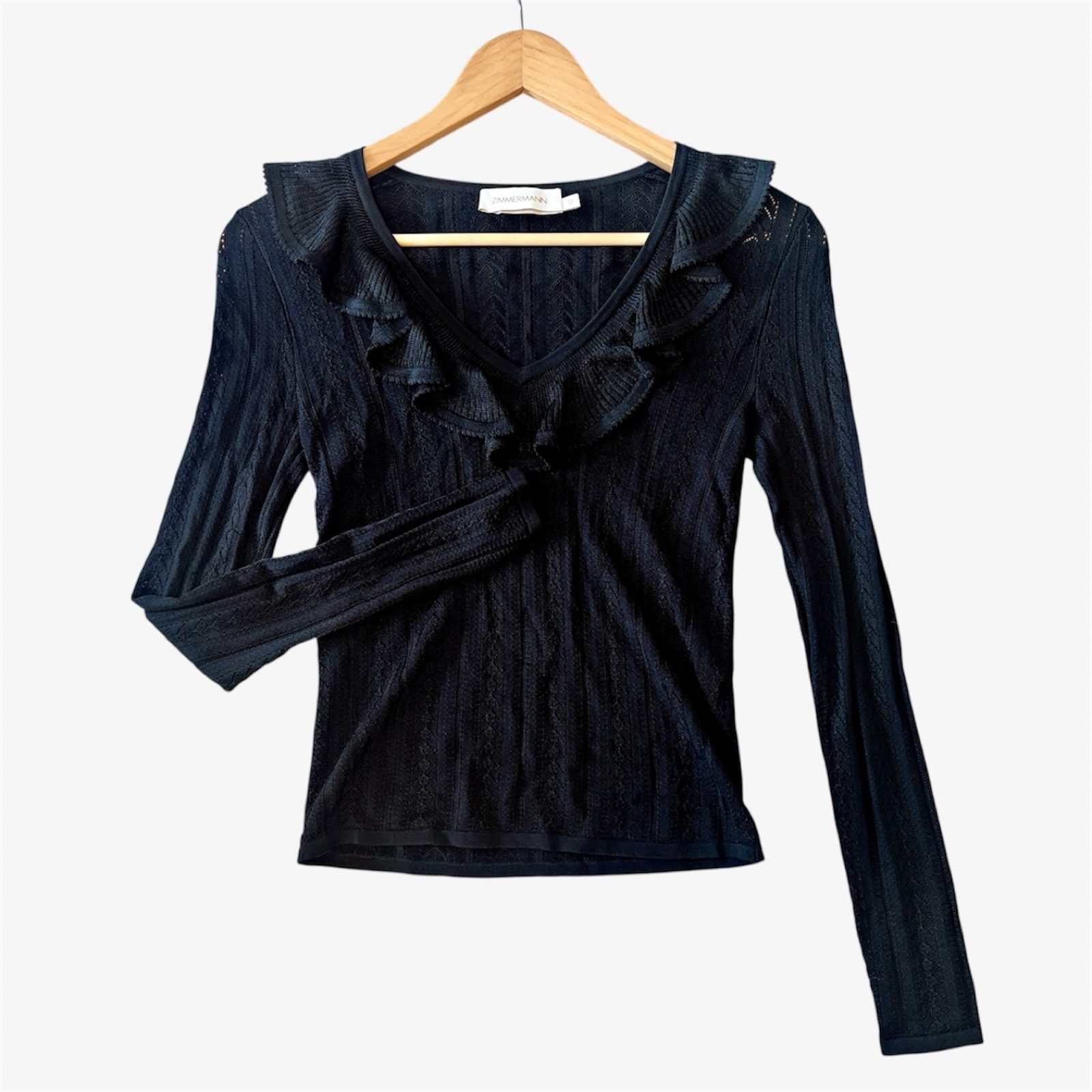 Zimmermann Ruffled Pointelle Knit Top Black 0 / AU 8 / US 4 Long Sleeve Sweater image 5