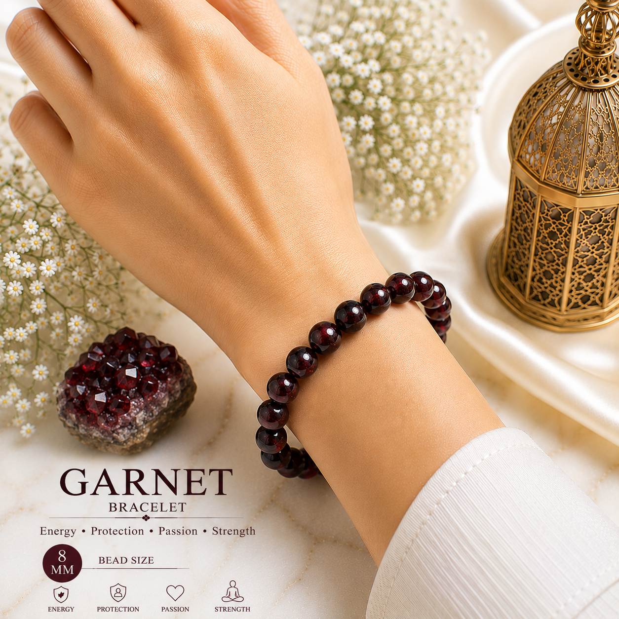 Garnet 8mm Gemstone Bead Bracelet, Lab Certified Natural Red Crystal 7.5 Inch Stretchable Bracelet for Love, Strength & Confidence