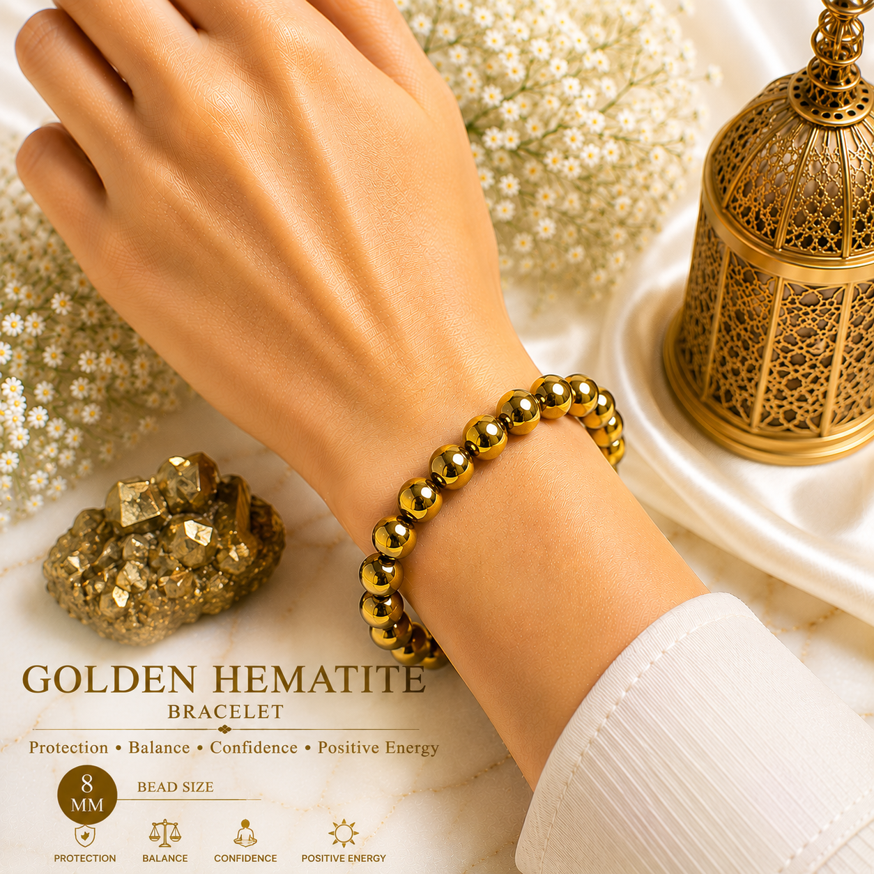 Golden Hematite 8mm Gemstone Bead Bracelet, Lab Certified Natural Gold Crystal 7.5 Inch Stretchable Bracelet for Grounding, Strength & Confidence