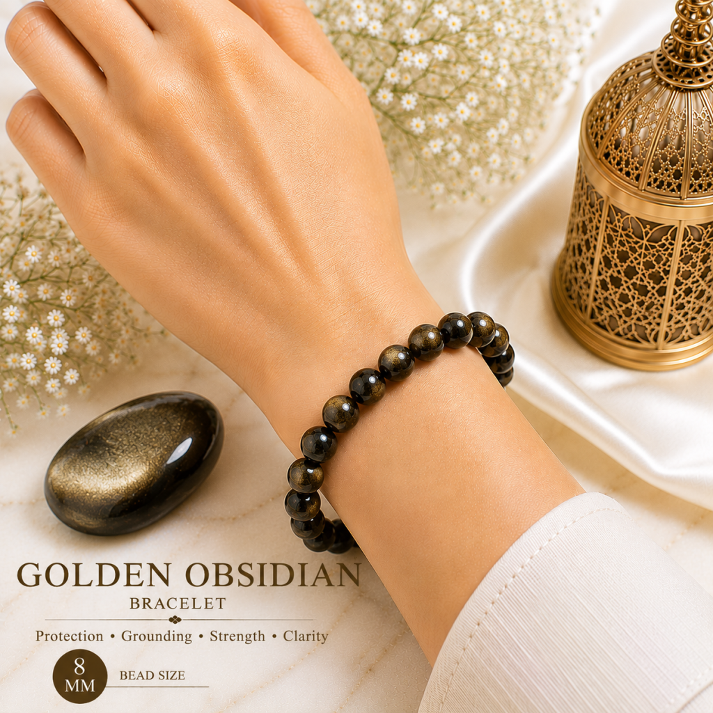 Golden Obsidian 8mm Gemstone Bead Bracelet, Lab Certified Natural Black Gold Crystal 7.5 Inch Stretchable Bracelet for Protection, Grounding & Confidence