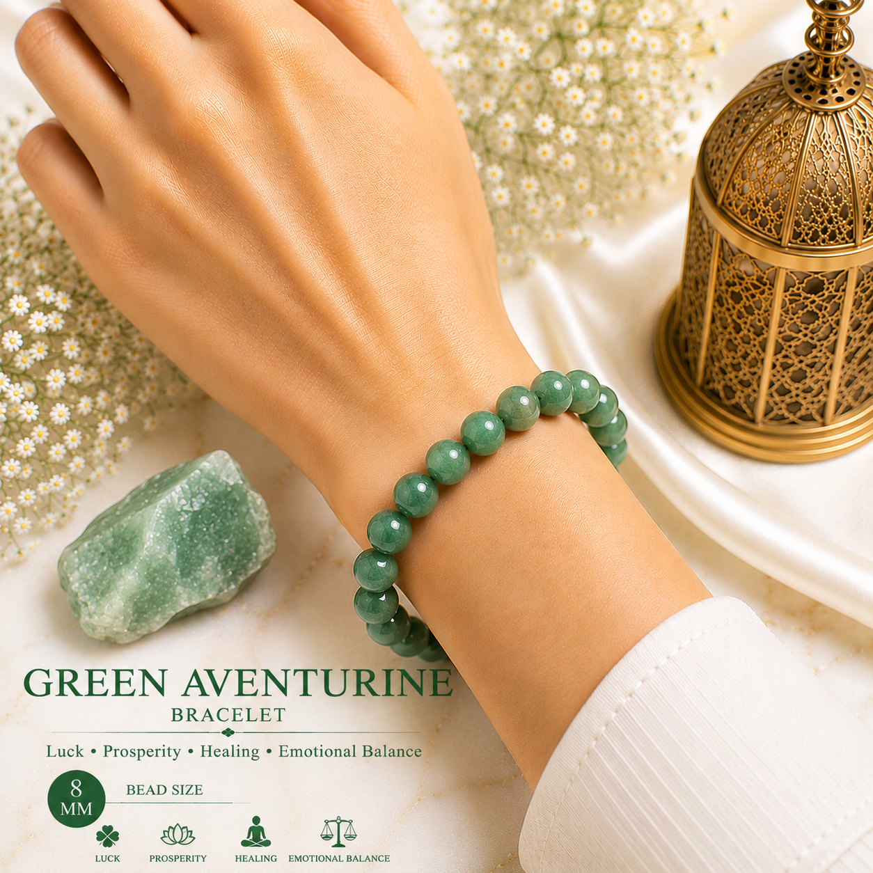Green Aventurine 8mm Gemstone Bead Bracelet, Lab Certified Natural Green Crystal 7.5 Inch Stretchable Bracelet for Luck, Prosperity & Positive Energy