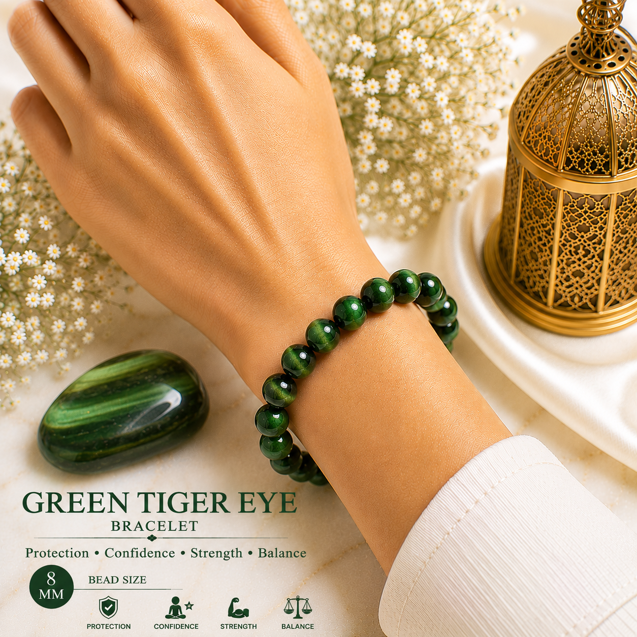 Green Tiger Eye 8mm Gemstone Bead Bracelet, Lab Certified Natural Green Crystal 7.5 Inch Stretchable Bracelet for Protection, Focus & Confidence