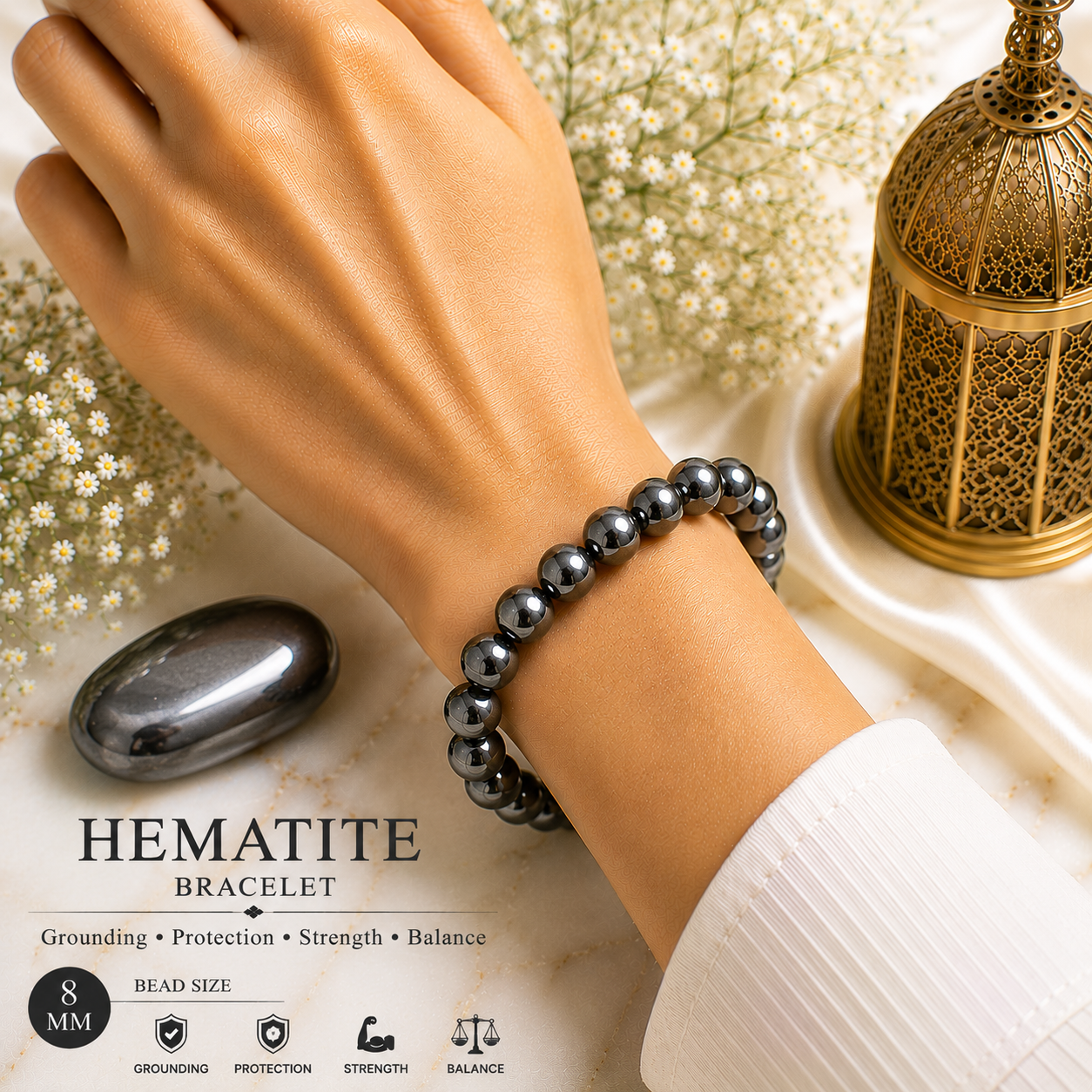 Hematite 8mm Gemstone Bead Bracelet, Lab Certified Natural Metallic Crystal 7.5 Inch Stretchable Bracelet for Grounding, Strength & Balance