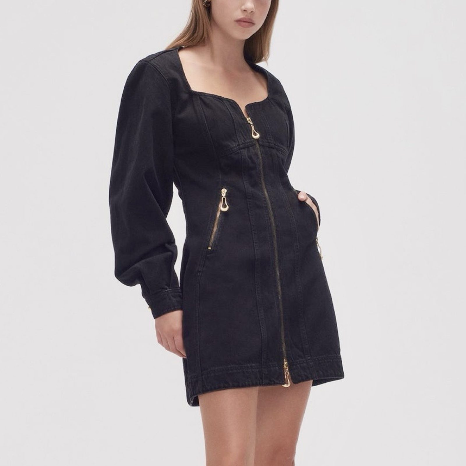 Aje Willa Denim Midi Dress Black AU 8 / US 4 / S Long Sleeve Zip Pockets image 3