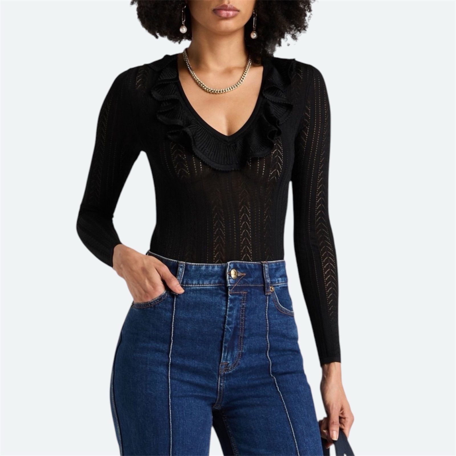 Zimmermann Ruffled Pointelle Knit Top Black 0 / AU 8 / US 4 Long Sleeve Sweater