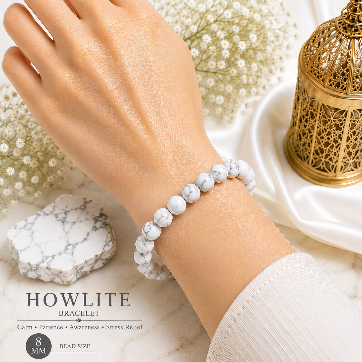Howlite 8mm Gemstone Bead Bracelet, Lab Certified Natural White Crystal 7.5 Inch Stretchable Bracelet for Calm, Relaxation & Balance