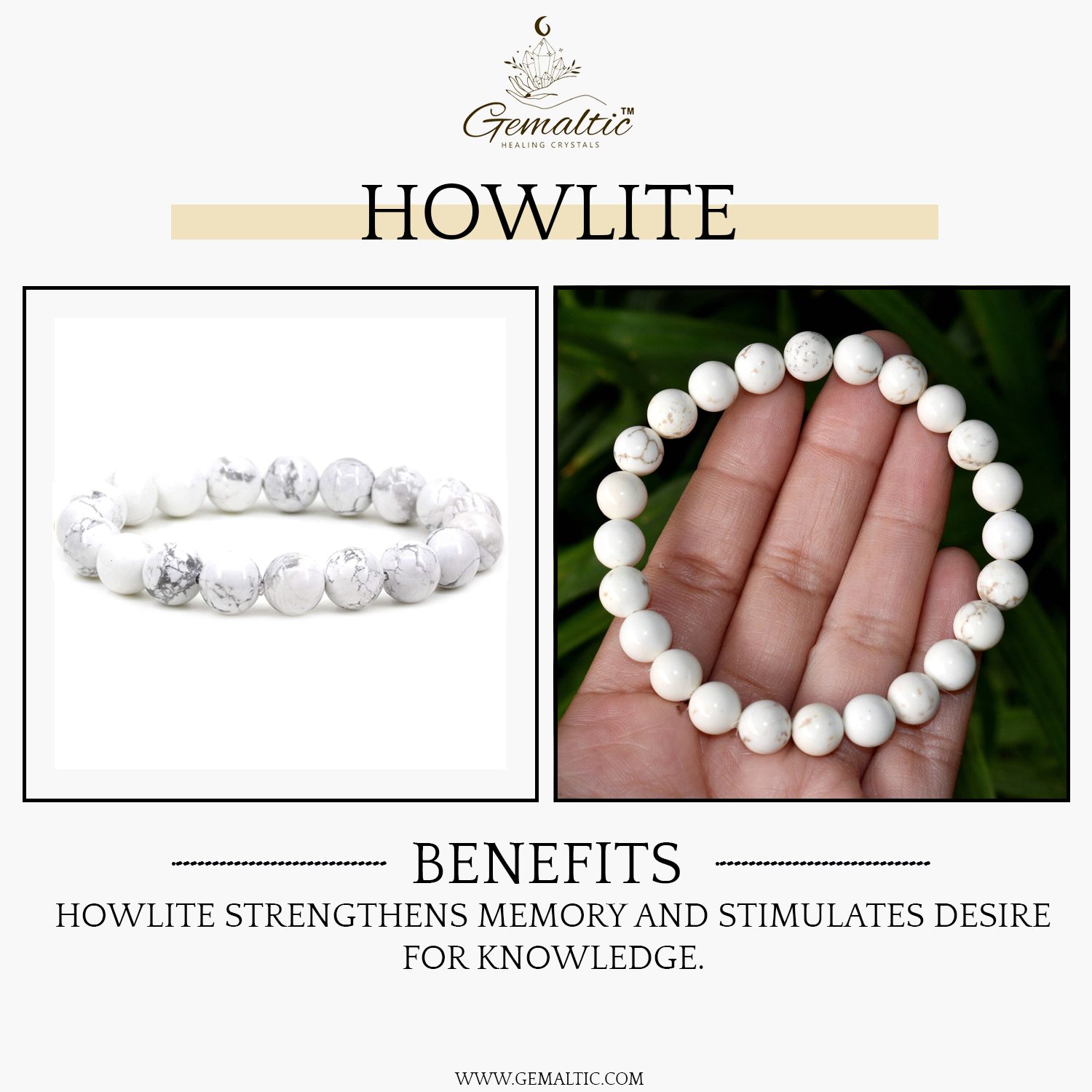 Howlite 8mm Gemstone Bead Bracelet, Lab Certified Natural White Crystal 7.5 Inch Stretchable Bracelet for Calm, Relaxation & Balance image 2
