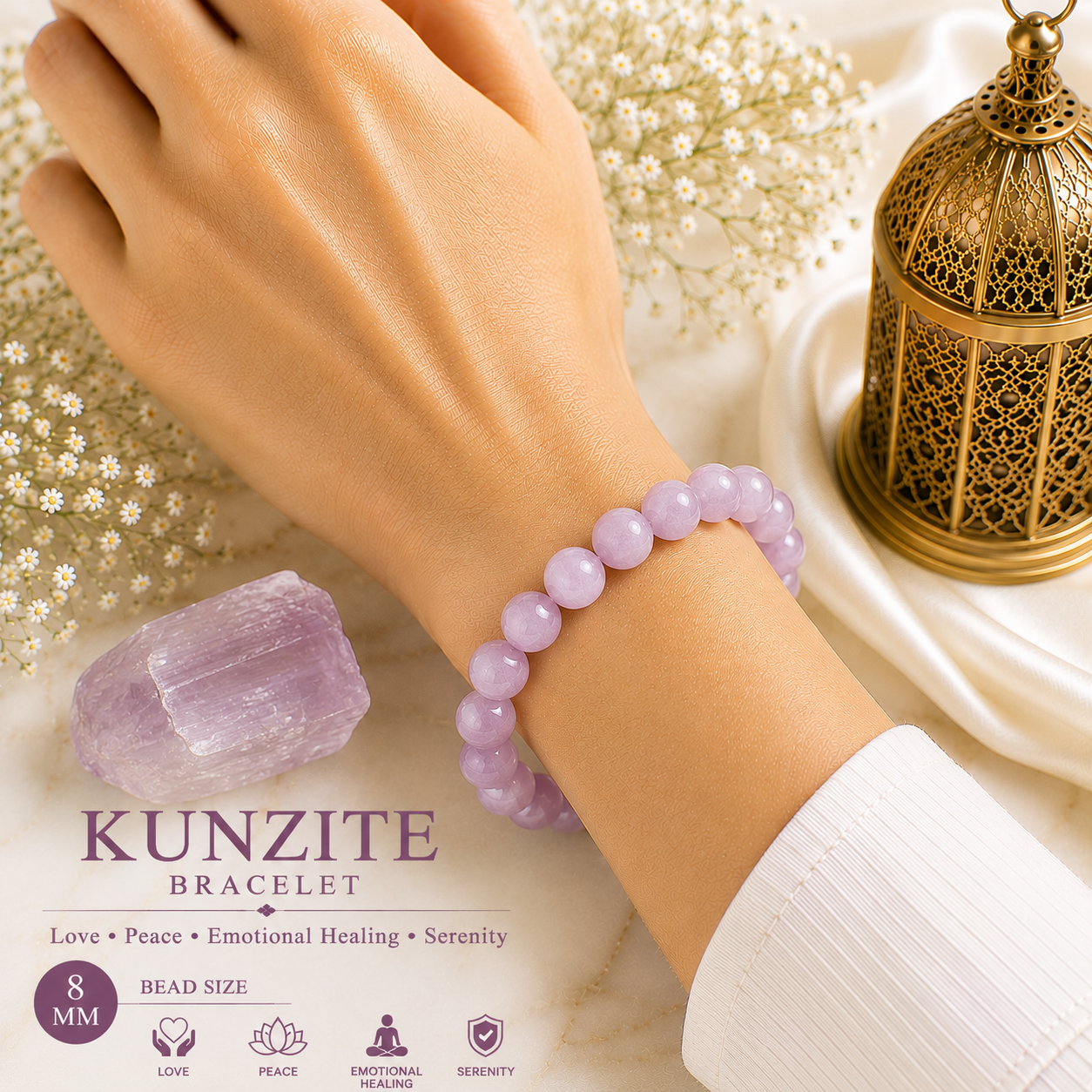 Kunzite 8mm Gemstone Bead Bracelet, Lab Certified Natural Pink Crystal 7.5 Inch Stretchable Bracelet for Love, Calm & Emotional Balance