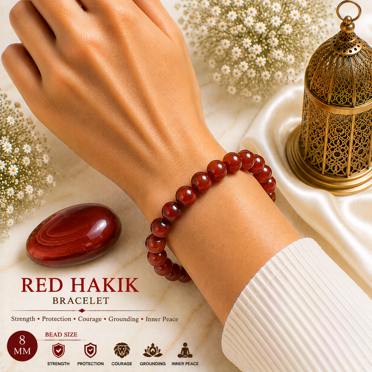 Red Hakik 8mm Gemstone Bead Bracelet, Lab Certified Natural Red Agate Crystal 7.5 Inch Stretchable Bracelet for Strength, Protection & Confidence