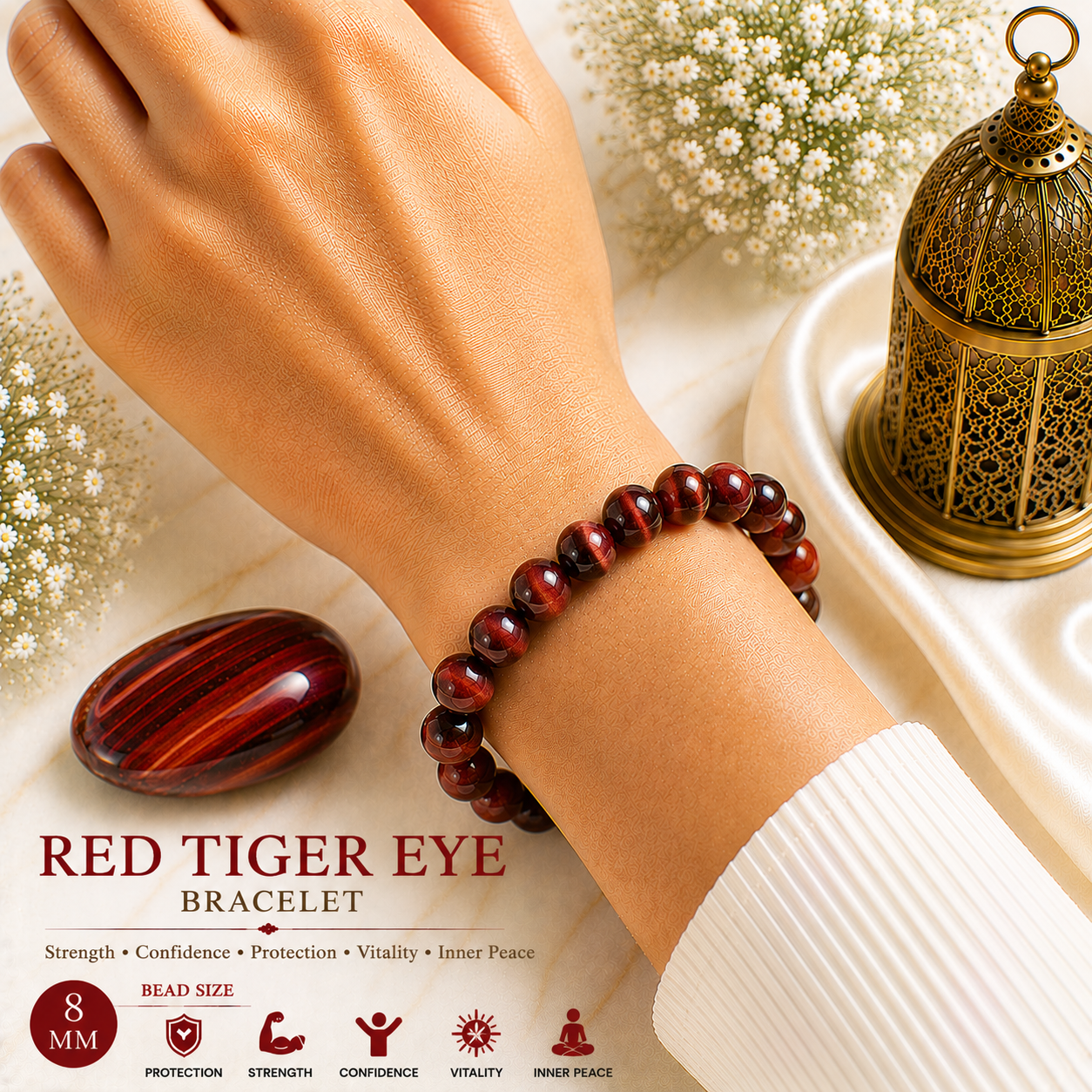 Red Tiger Eye 8mm Gemstone Bead Bracelet, Lab Certified Natural Red Crystal 7.5 Inch Stretchable Bracelet for Strength, Protection & Confidence