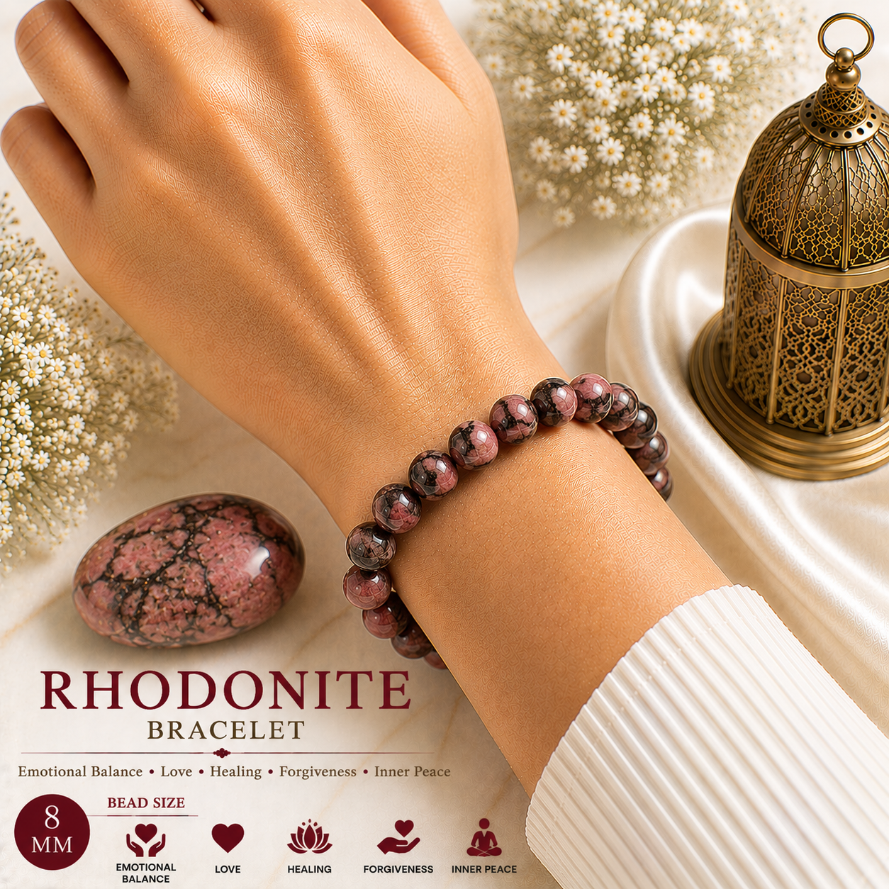 Rhodonite 8mm Gemstone Bead Bracelet, Lab Certified Natural Pink Crystal 7.5 Inch Stretchable Bracelet for Love, Compassion & Emotional Balance