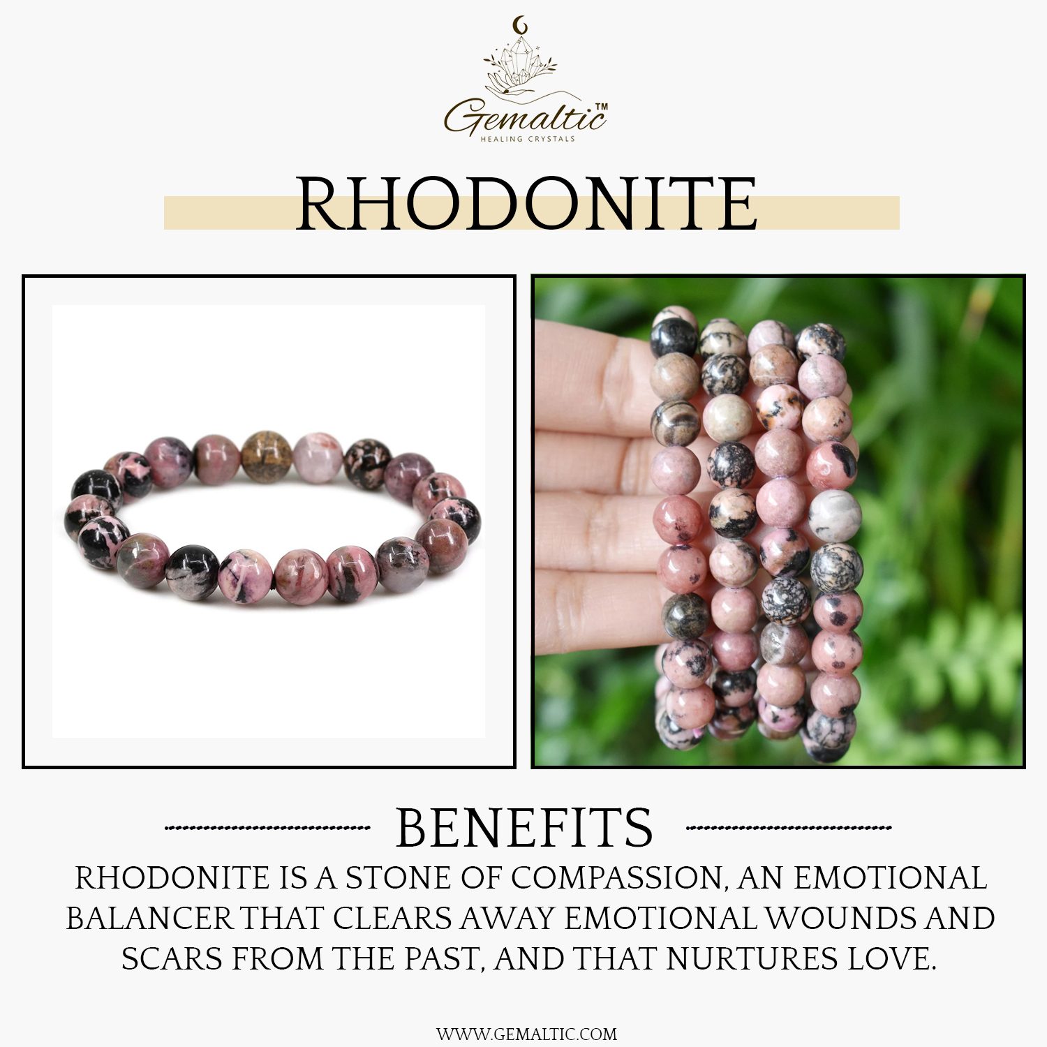 Rhodonite 8mm Gemstone Bead Bracelet, Lab Certified Natural Pink Crystal 7.5 Inch Stretchable Bracelet for Love, Compassion & Emotional Balance image 2