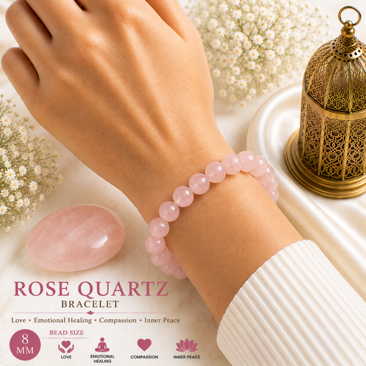 Rose Quartz 8mm Gemstone Bead Bracelet, Lab Certified Natural Pink Crystal 7.5 Inch Stretchable Bracelet for Love, Calm & Emotional Balance