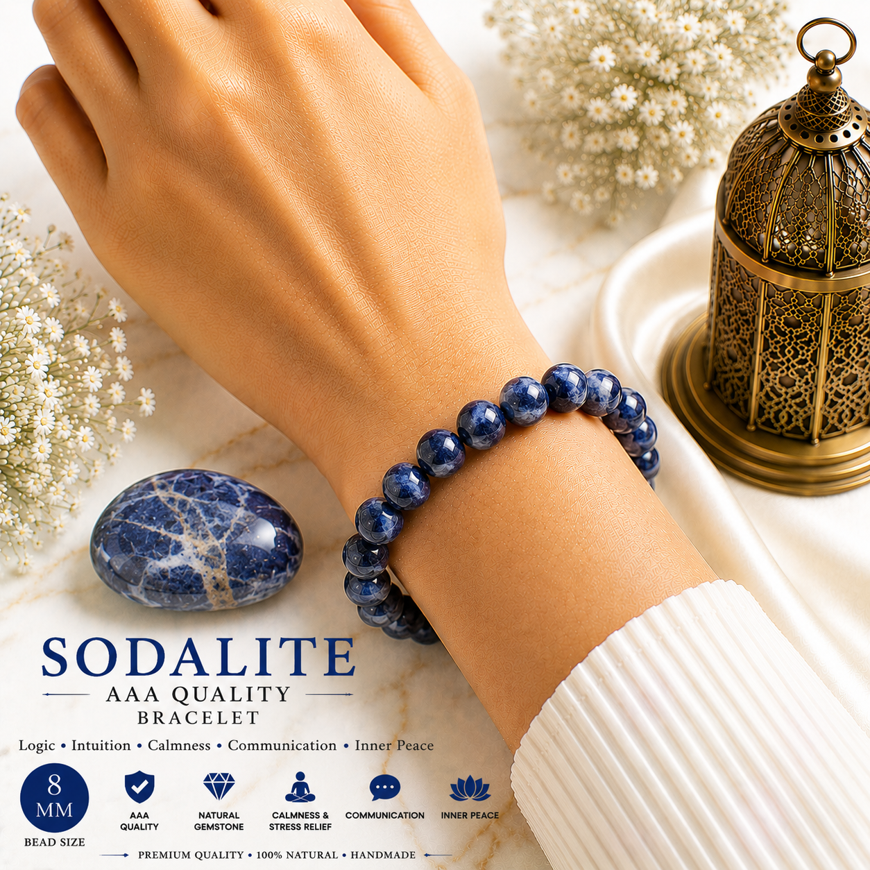 Sodalite 8mm Gemstone Bead Bracelet, Lab Certified Natural Blue Crystal 7.5 Inch Stretchable Bracelet for Clarity, Communication & Balance