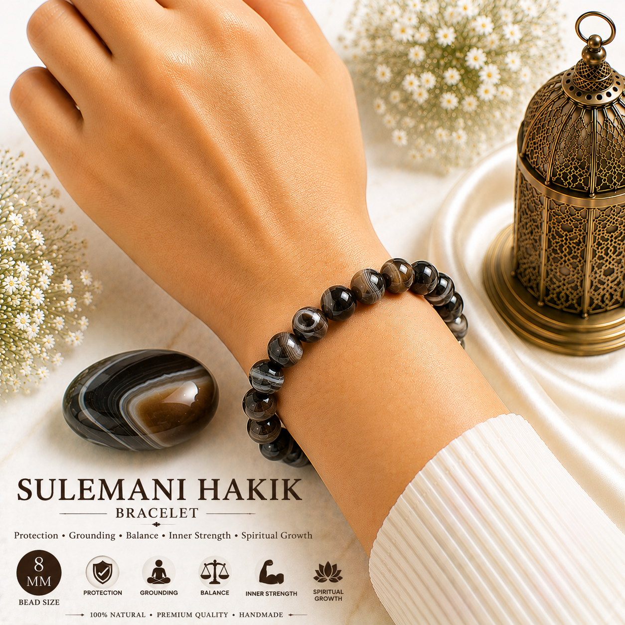 Sulemani Hakik 8mm Gemstone Bead Bracelet, Lab Certified Natural Black Agate Crystal 7.5 Inch Stretchable Bracelet for Protection, Grounding & Balance