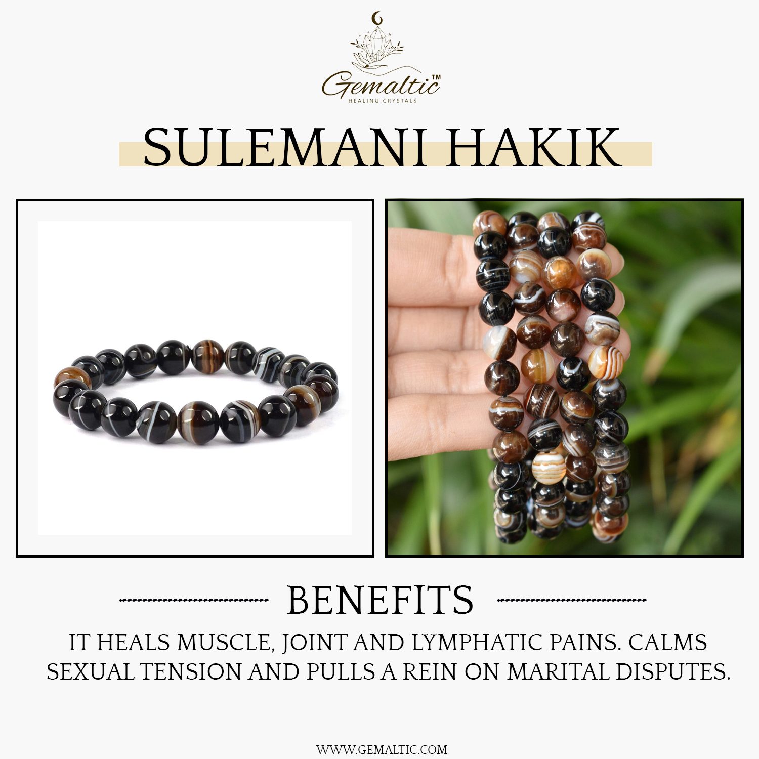 Sulemani Hakik 8mm Gemstone Bead Bracelet, Lab Certified Natural Black Agate Crystal 7.5 Inch Stretchable Bracelet for Protection, Grounding & Balance image 2