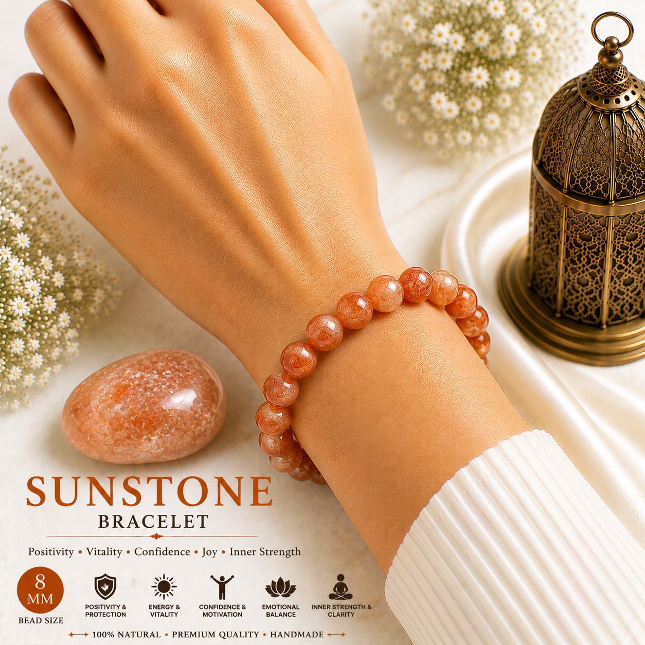 Sunstone 8mm Gemstone Bead Bracelet, Lab Certified Natural Orange Crystal 7.5 Inch Stretchable Bracelet for Confidence, Positivity & Abundance