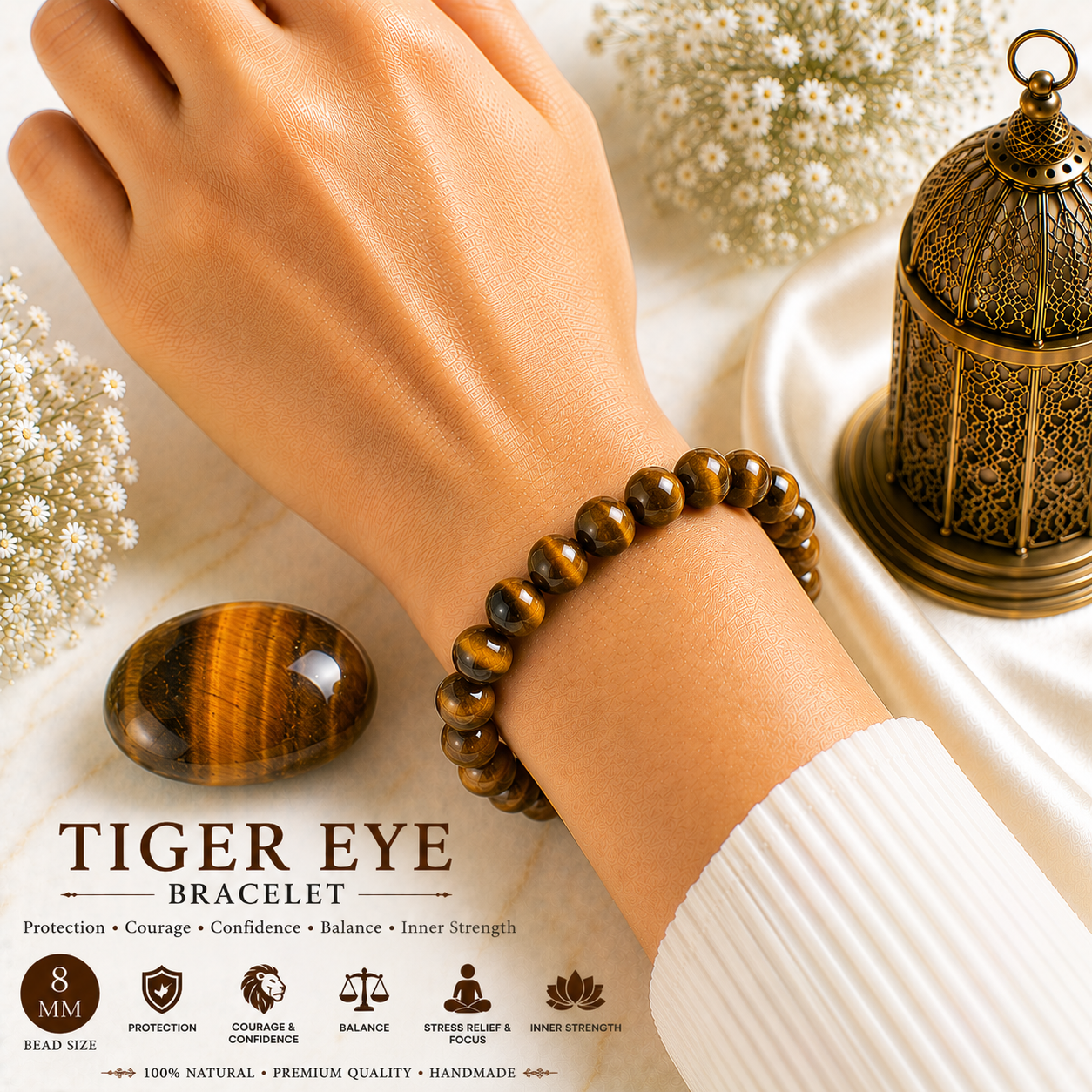 Tiger Eye 8mm Gemstone Bead Bracelet, Lab Certified Natural Golden Brown Crystal 7.5 Inch Stretchable Bracelet for Protection, Confidence & Focus