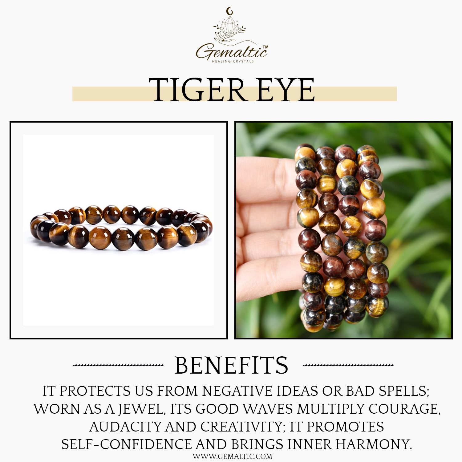 Tiger Eye 8mm Gemstone Bead Bracelet, Lab Certified Natural Golden Brown Crystal 7.5 Inch Stretchable Bracelet for Protection, Confidence & Focus image 2