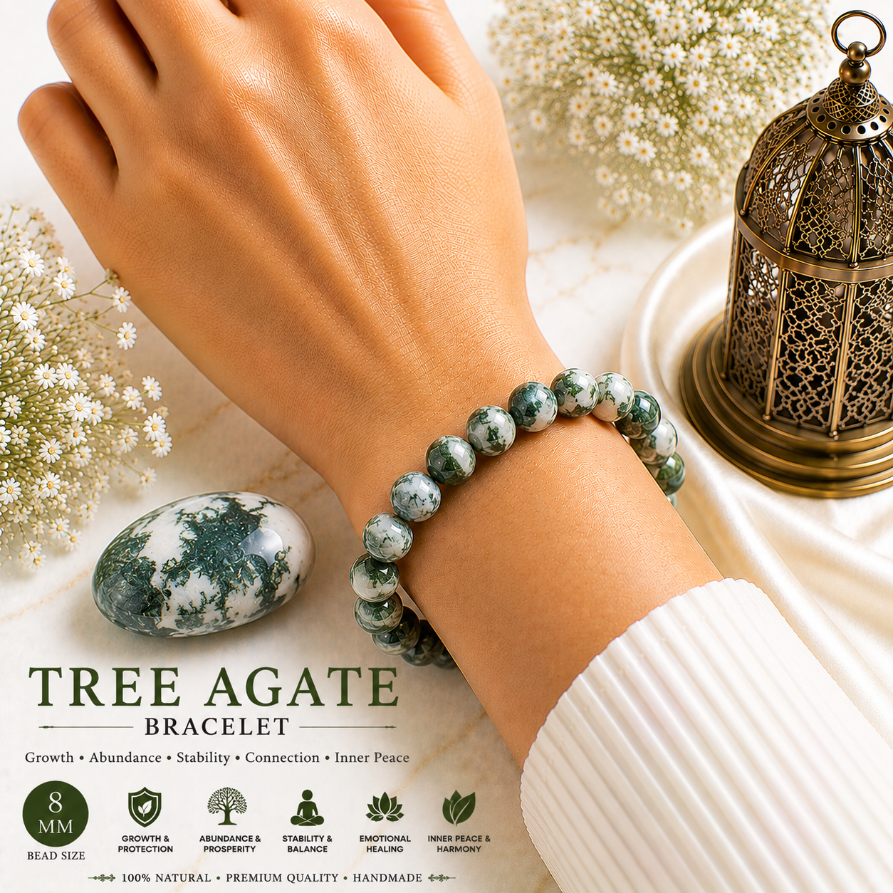 Tree Agate 8mm Gemstone Bead Bracelet, Lab Certified Natural Green White Crystal 7.5 Inch Stretchable Bracelet for Growth, Balance & Grounding