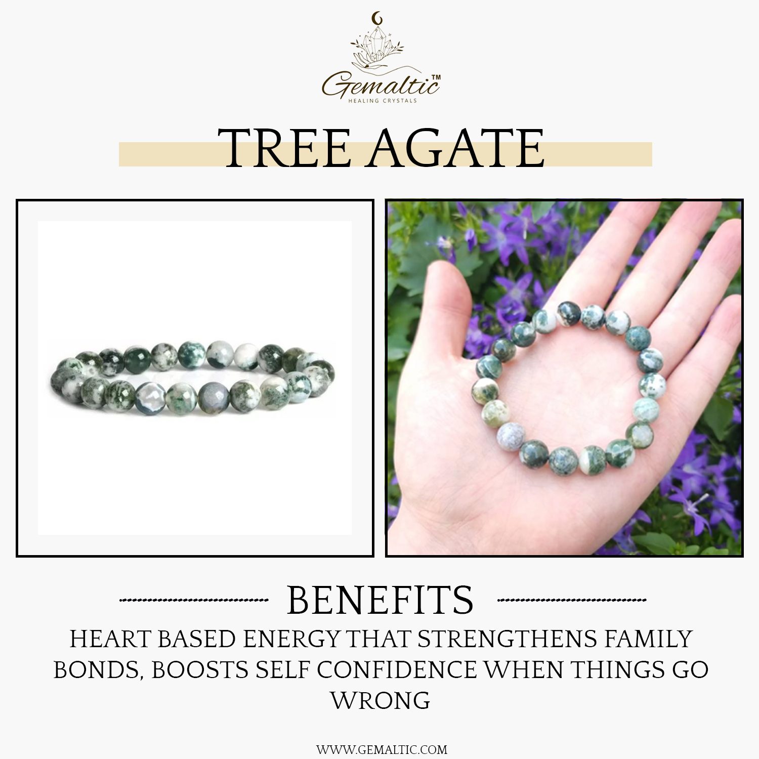 Tree Agate 8mm Gemstone Bead Bracelet, Lab Certified Natural Green White Crystal 7.5 Inch Stretchable Bracelet for Growth, Balance & Grounding image 2