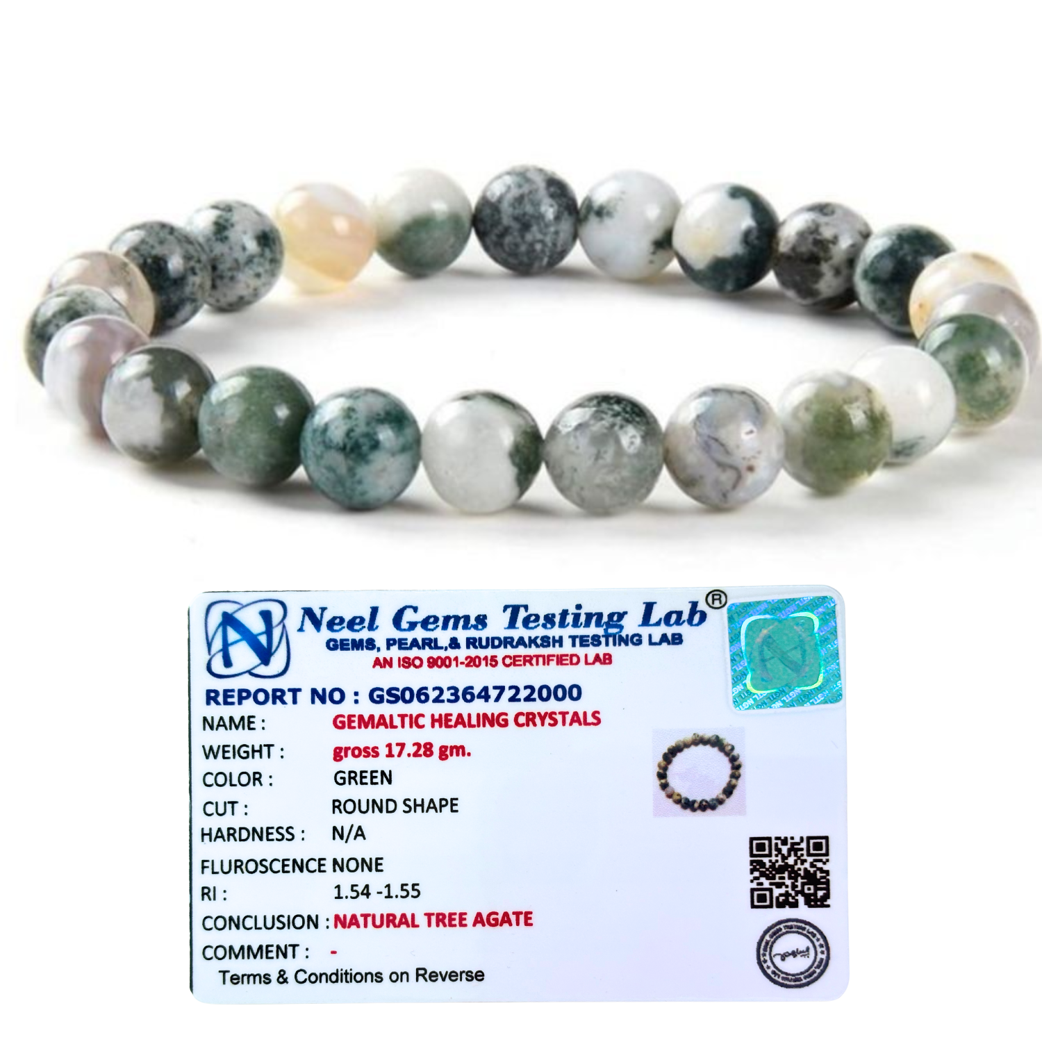 Tree Agate 8mm Gemstone Bead Bracelet, Lab Certified Natural Green White Crystal 7.5 Inch Stretchable Bracelet for Growth, Balance & Grounding image 3