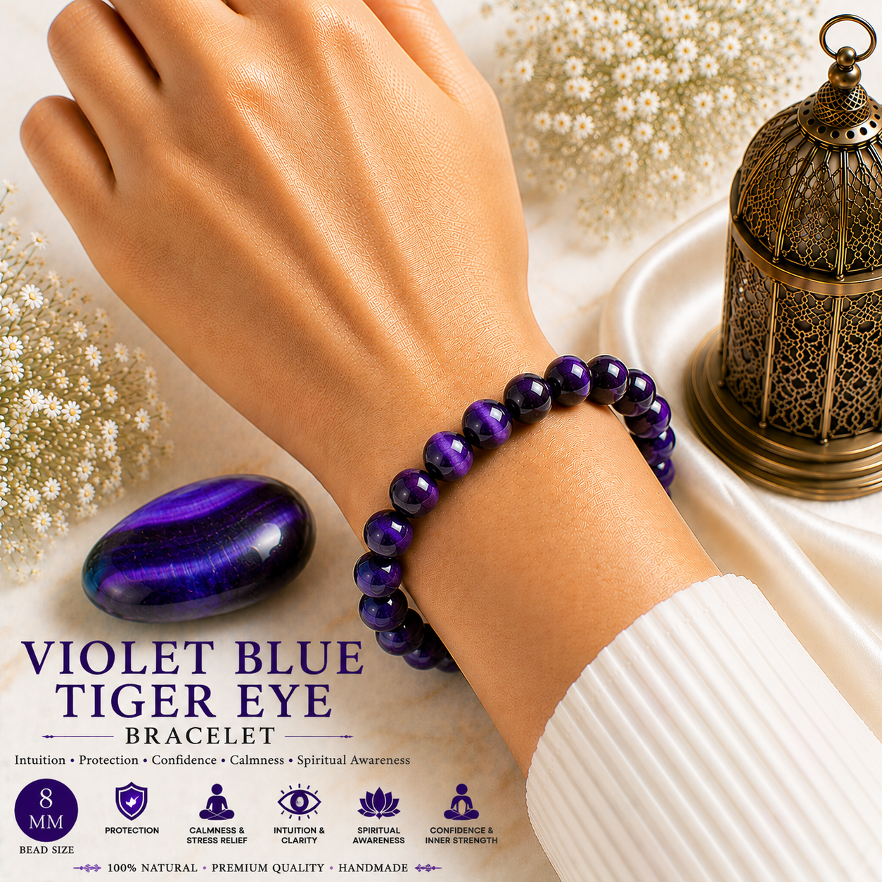 Violet Tiger Eye 8mm Gemstone Bead Bracelet, Lab Certified Natural Purple Crystal 7.5 Inch Stretchable Bracelet for Protection, Confidence & Focus