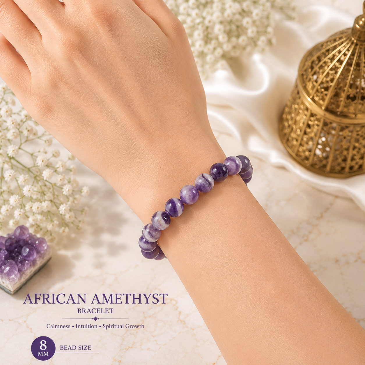 African Amethyst 8mm Gemstone Bead Bracelet, Lab Certified Natural Purple Crystal 7.5 Inch Stretchable Bracelet for Calm, Protection & Positive Energy