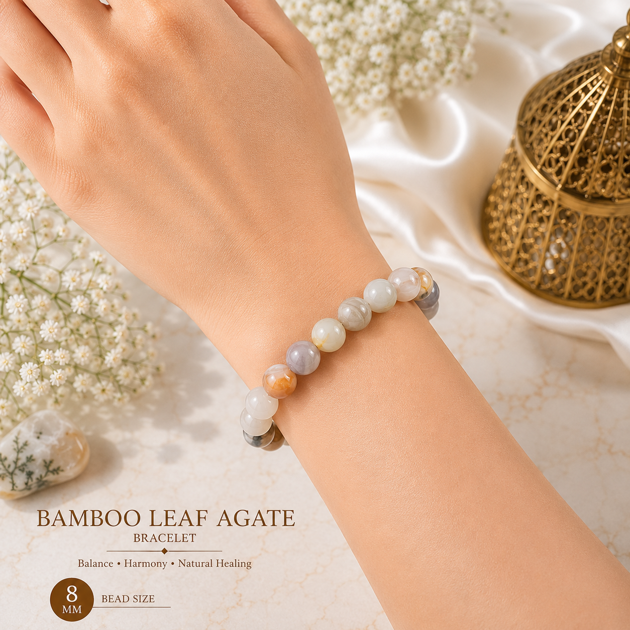 Bamboo Leaf Agate 8mm Gemstone Bead Bracelet, Lab Certified Natural Green Crystal 7.5 Inch Stretchable Bracelet for Growth, Balance & Grounding