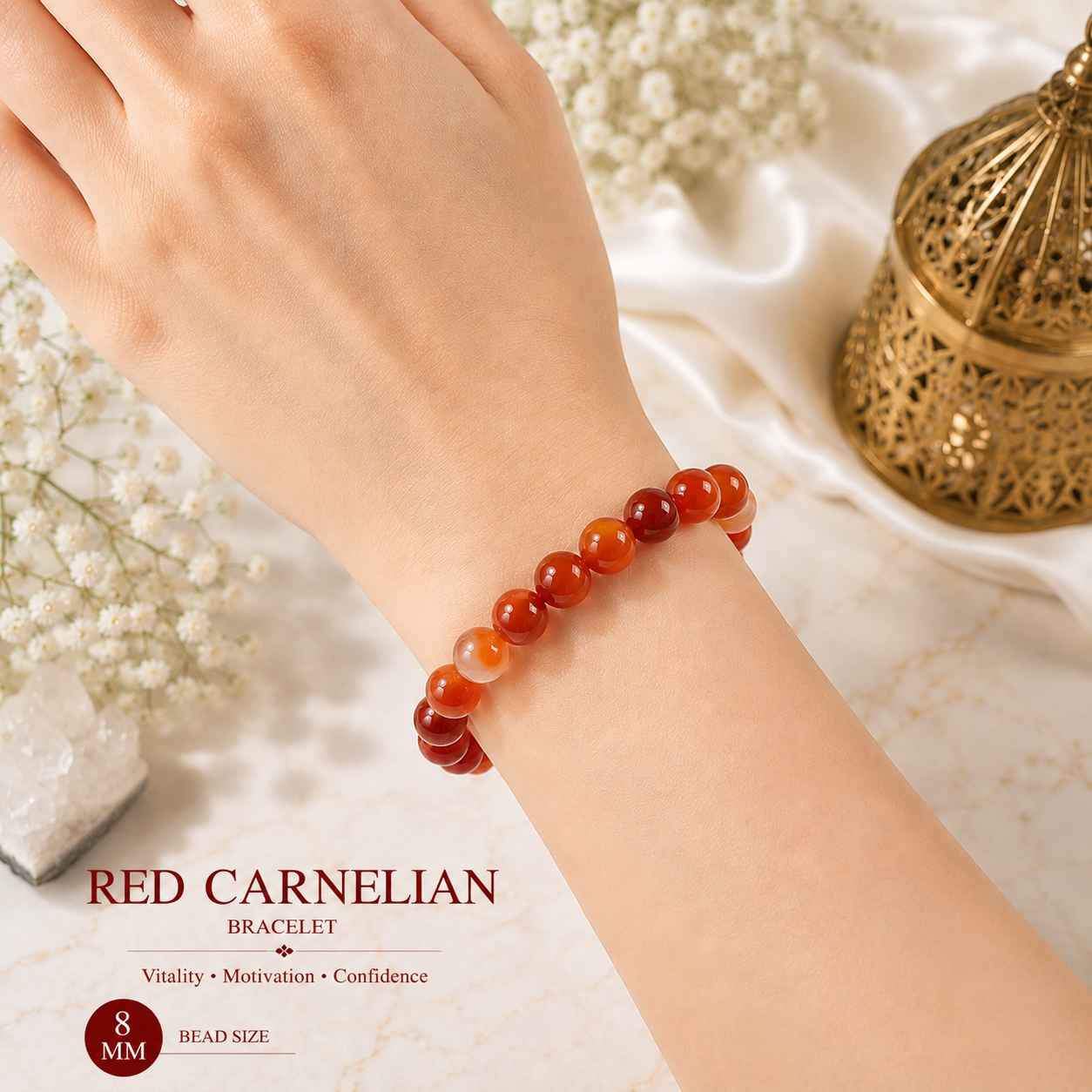 Red Carnelian 8mm Gemstone Bead Bracelet, Lab Certified Natural Orange Red Crystal 7.5 Inch Stretchable Bracelet for Confidence, Courage & Motivation